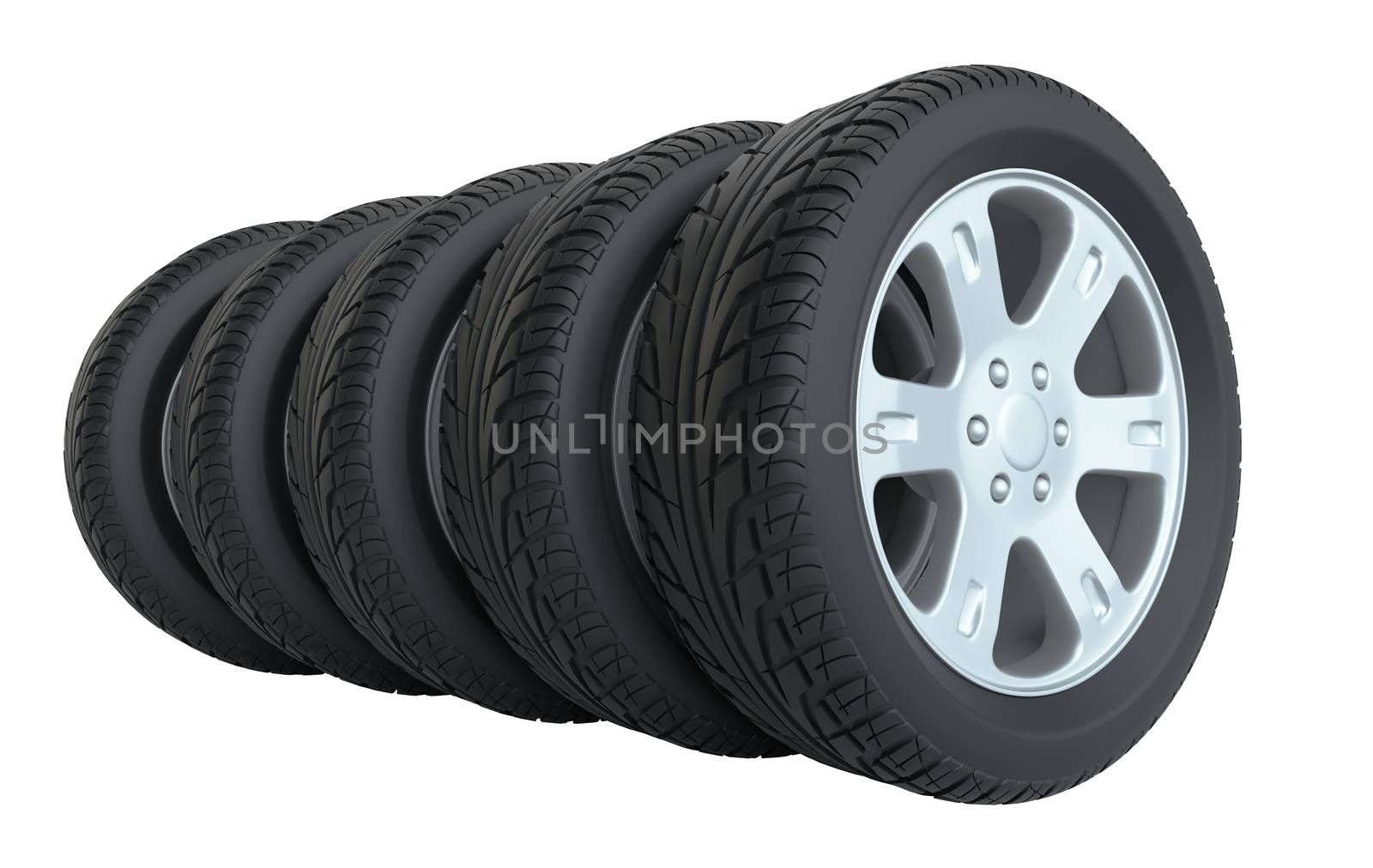 Car tires in row, isolated on white background. 3d illustration