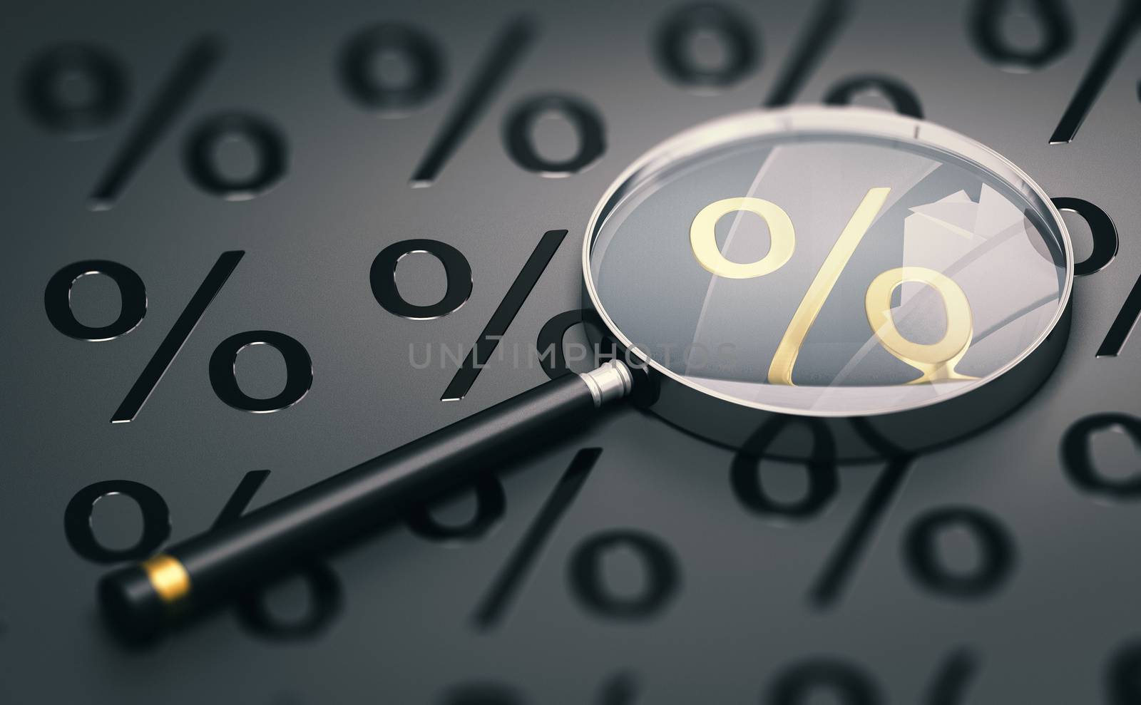 3d illustration of a magnifying glass over black background with percentage symbols and focus on a golden one. 