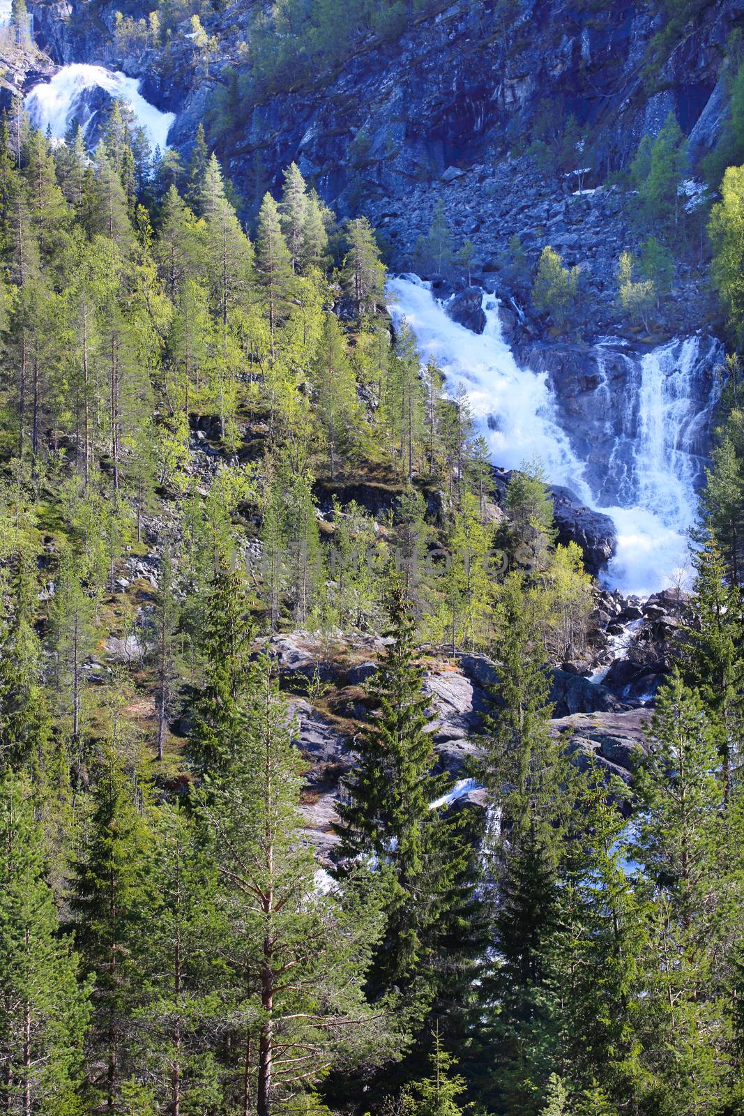 Waterfall in mountains of Norway in sunny weather