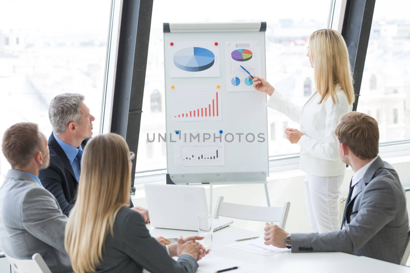 Business presentation of statistics, business woman pointing at flipchart, team of people at meeting table watching