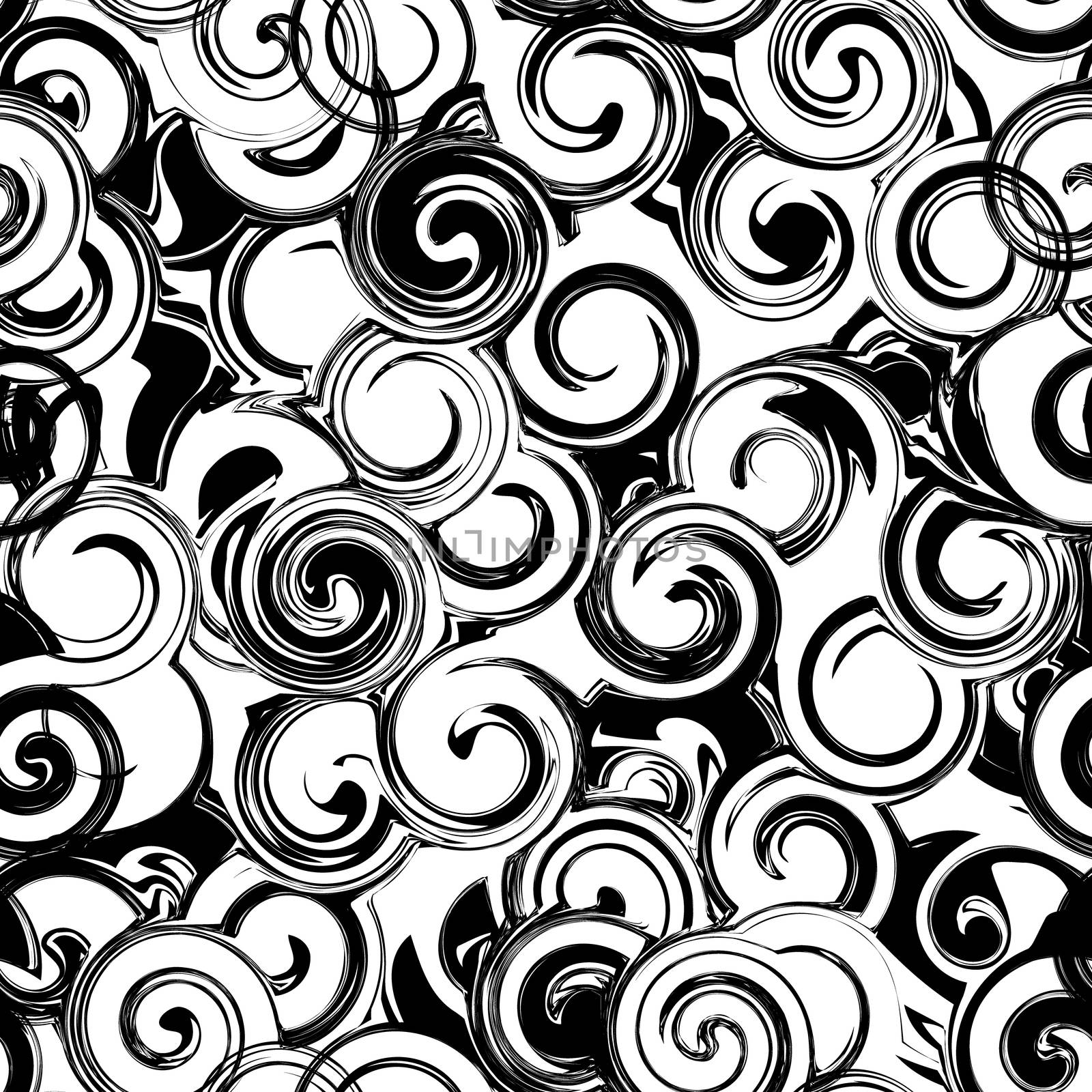 Black and white twirl seamless pattern. Abstract texture with twirls, curls. illustration