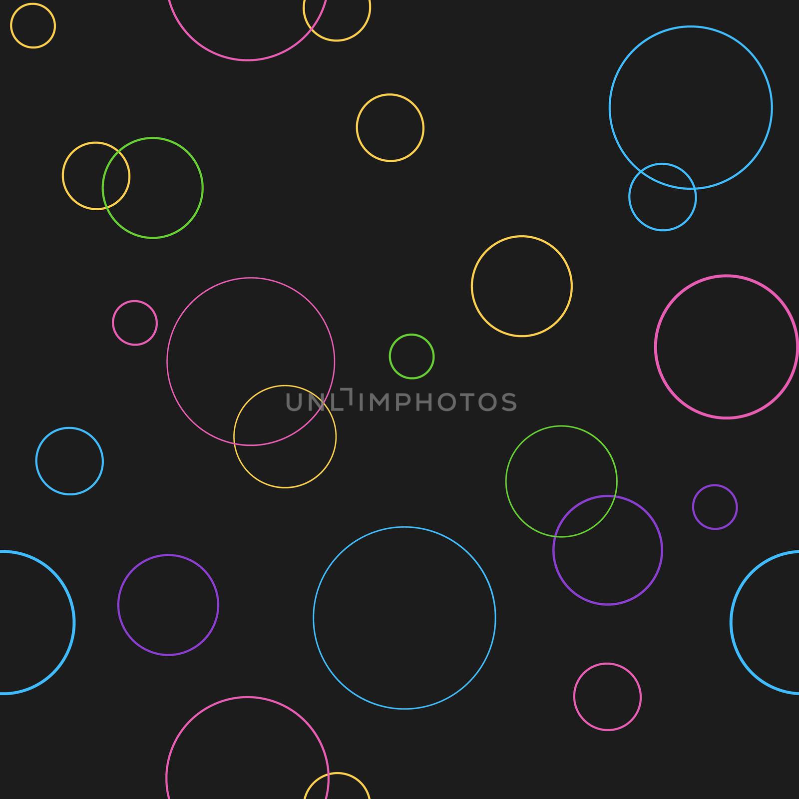 Seamless pattern texture. Geometric ornament with color full circles on black. illustration