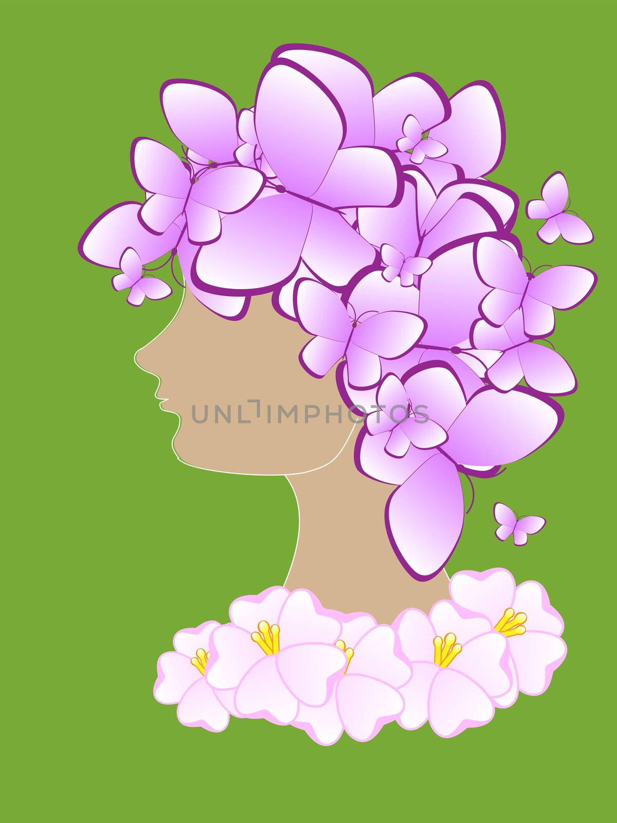 Beautiful abstract silhouette of a girl with butterflies and flowers on his head. by Adamchuk