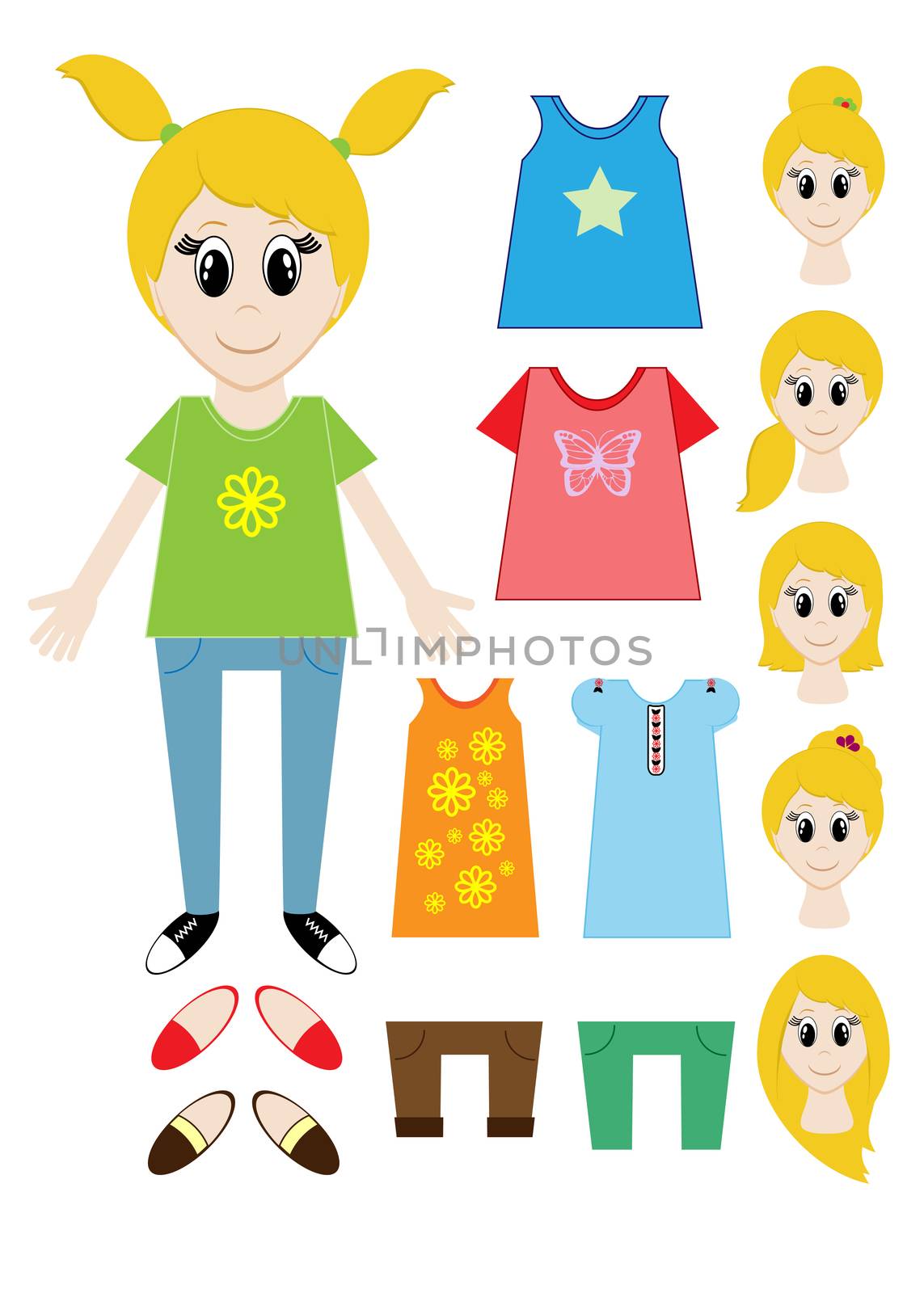 Big set of clothes for the girl Constructor. Hairstyle, dress, shoes, pants, T-shirt. by Adamchuk