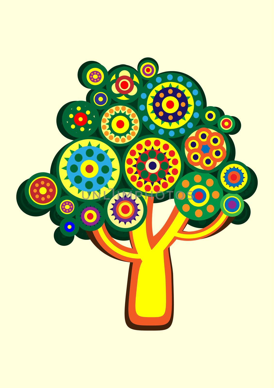 Cartoon multi-colored tree in a circle. illustration