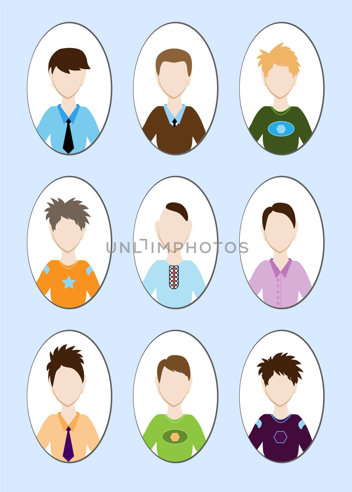 Cartoon illustration of a handsome young man with various hair style. by Adamchuk