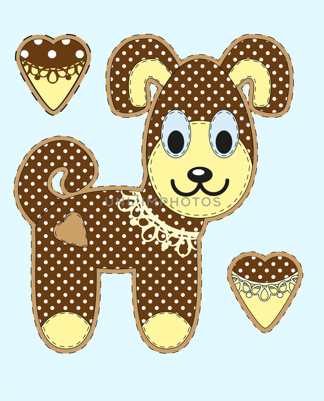 Cute cartoon dog in flat design for greeting card, invitation and logo with fabric texture. illustration