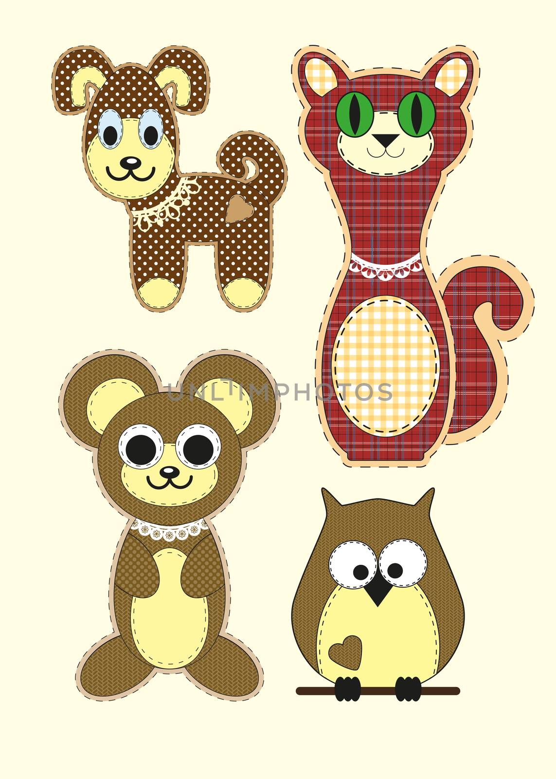 Set of Cute cartoon Teddy bear, cat, dog, owl in flat design for greeting card, invitation and logo with fabric texture. illustration