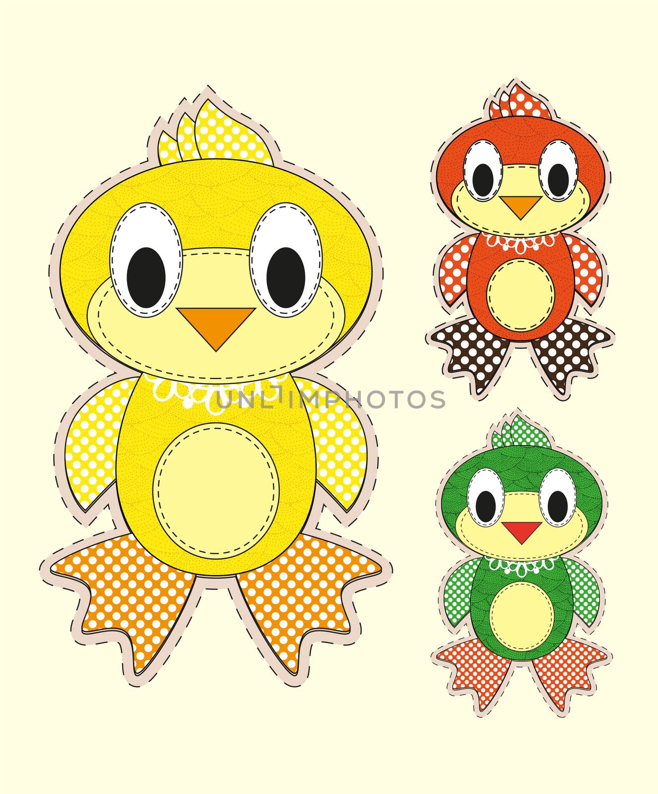 Set of Cute cartoon chick in flat design for greeting card, invitation and logo with fabric texture. by Adamchuk