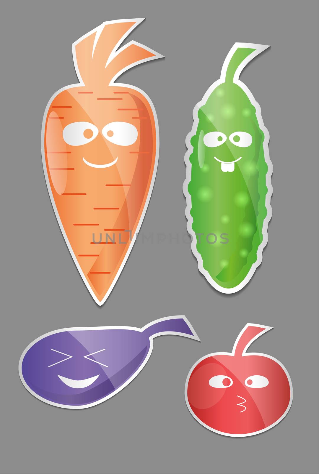 Vegetable icon set. Labels with Vegetables Carrot, cucumber, tomato, eggplant Flat style. illustration