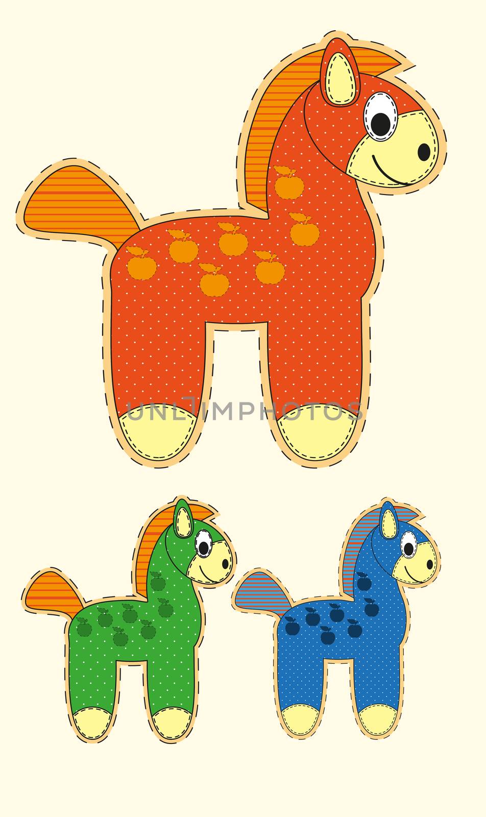 Set of Cute cartoon horse in flat design for greeting card, invitation and logo with fabric texture. illustration