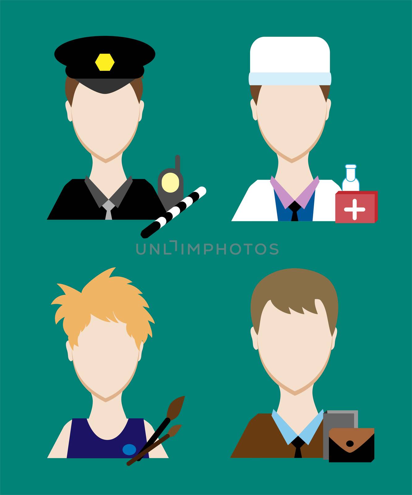Profession people cop, doctor, an artist, a businessman. Face men uniform. Avatars in flat design. by Adamchuk