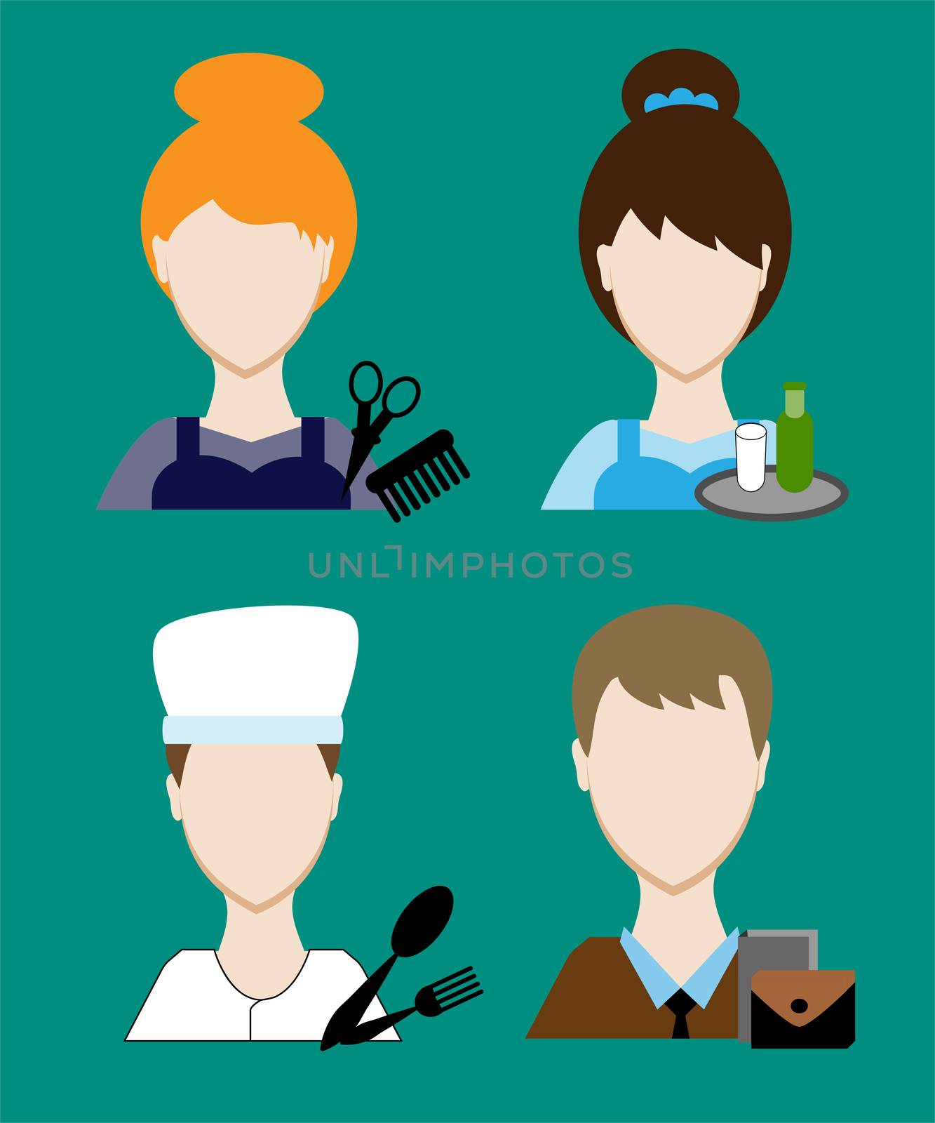 Profession people cook, hairdresser, teacher, waiter a businessman, secretary. Face men uniform. Avatars in flat design. by Adamchuk