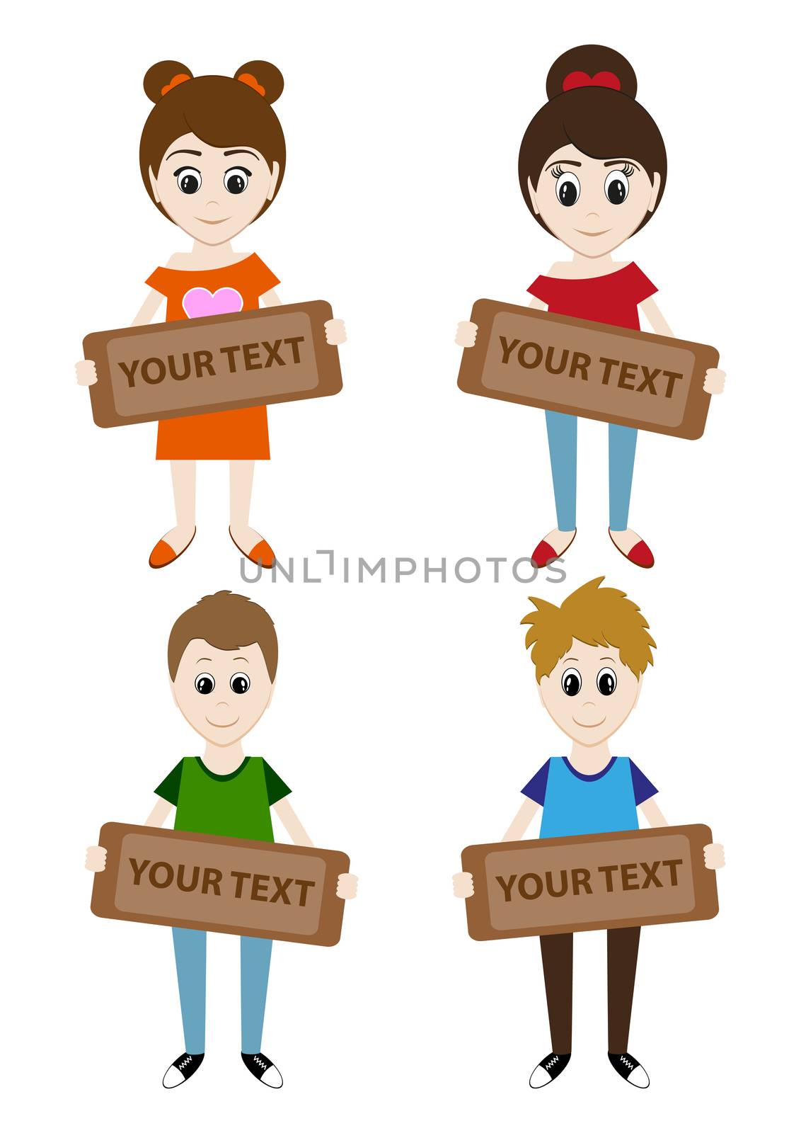 Set of cartoon boys and girls holding a sign for your text. by Adamchuk