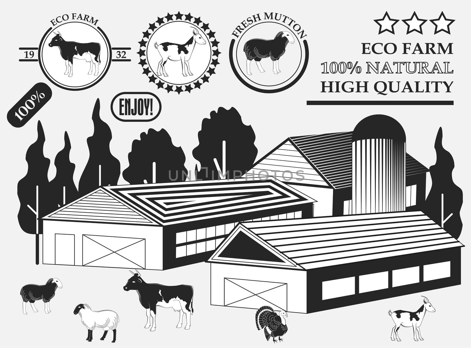 Set of premium Cow, goat, lamb, turkey, beef labels on the farm, badges and design elements. by Adamchuk