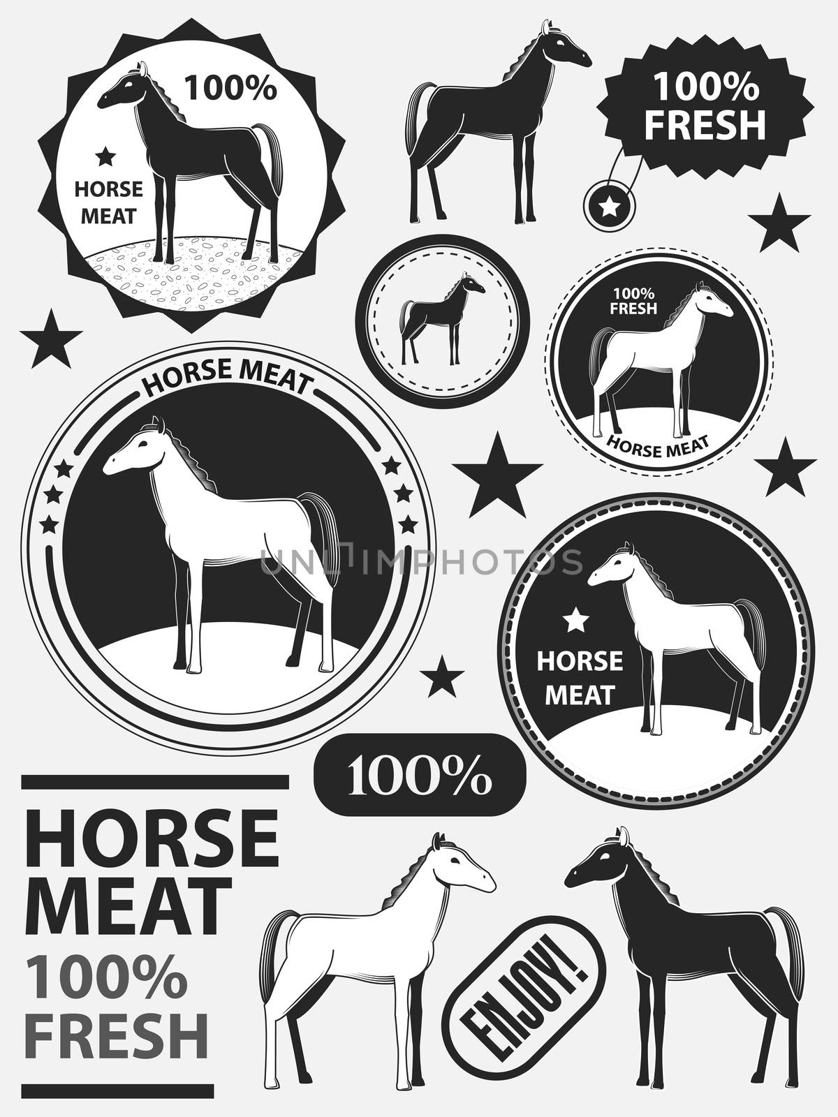 Set of logo horse meat, horseflesh, labels and badges. illustration