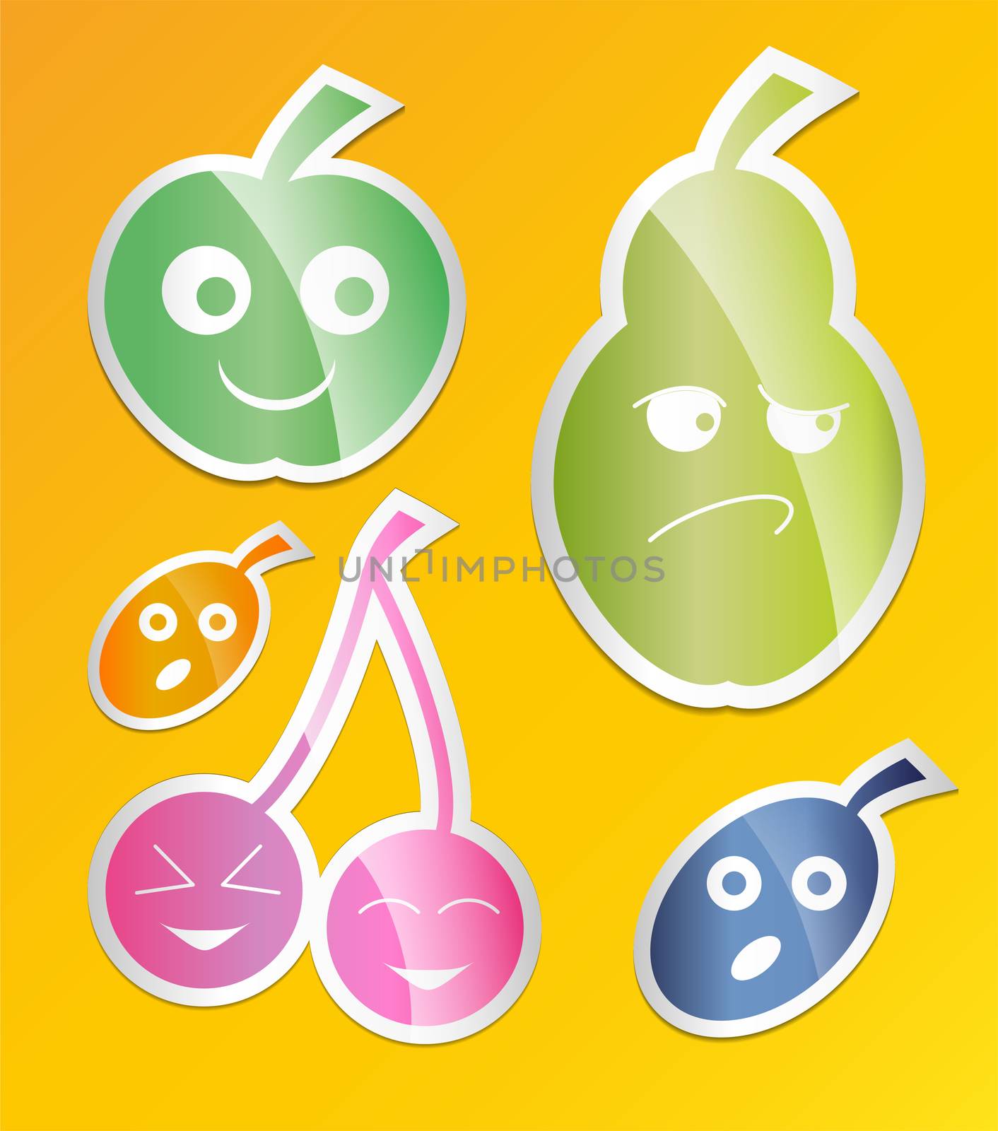 Berry icon set. Labels with berries. apple, pear, plum, apricot, cherry Flat style. by Adamchuk