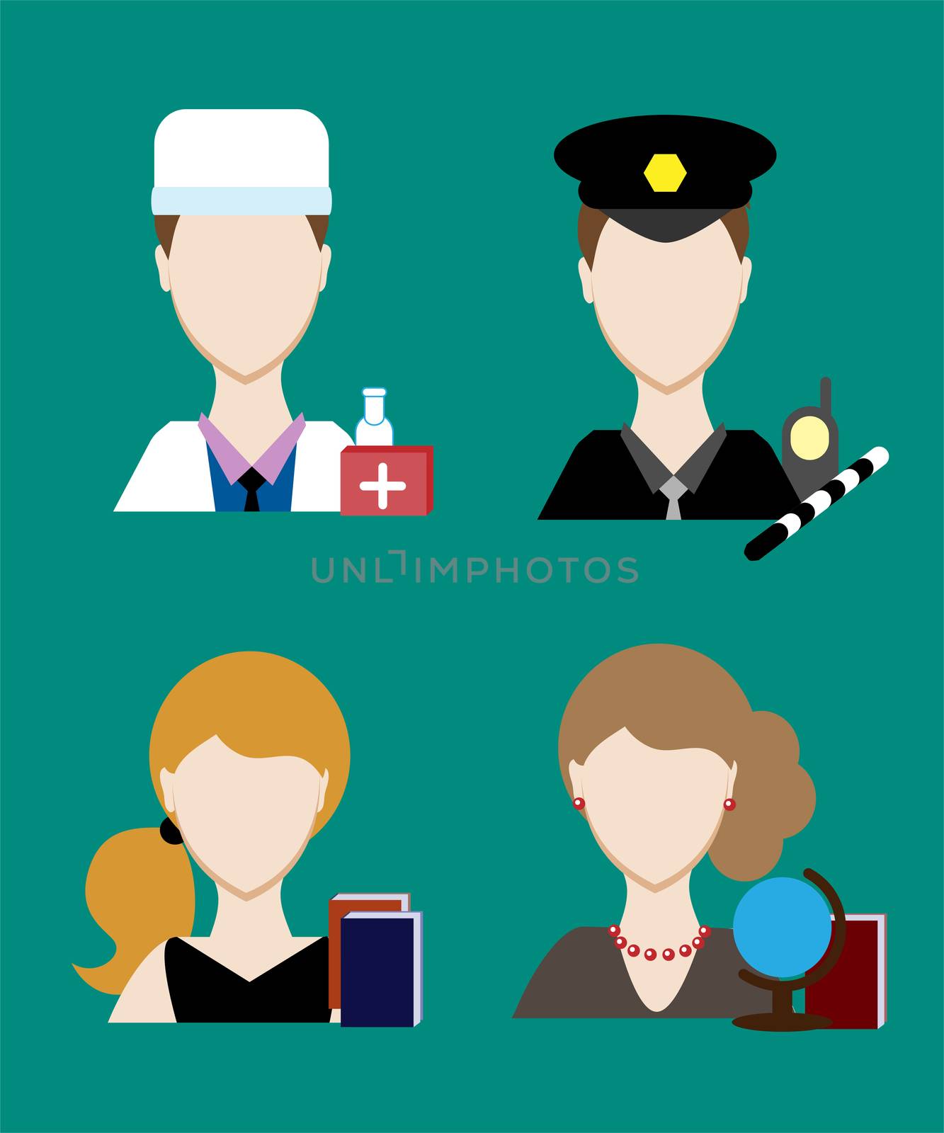 Profession people cop, doctor, Face men uniform. Avatars in flat design. illustration