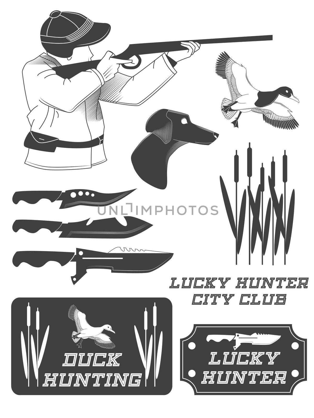 African hunter safari labels, emblems and design elements. illustration