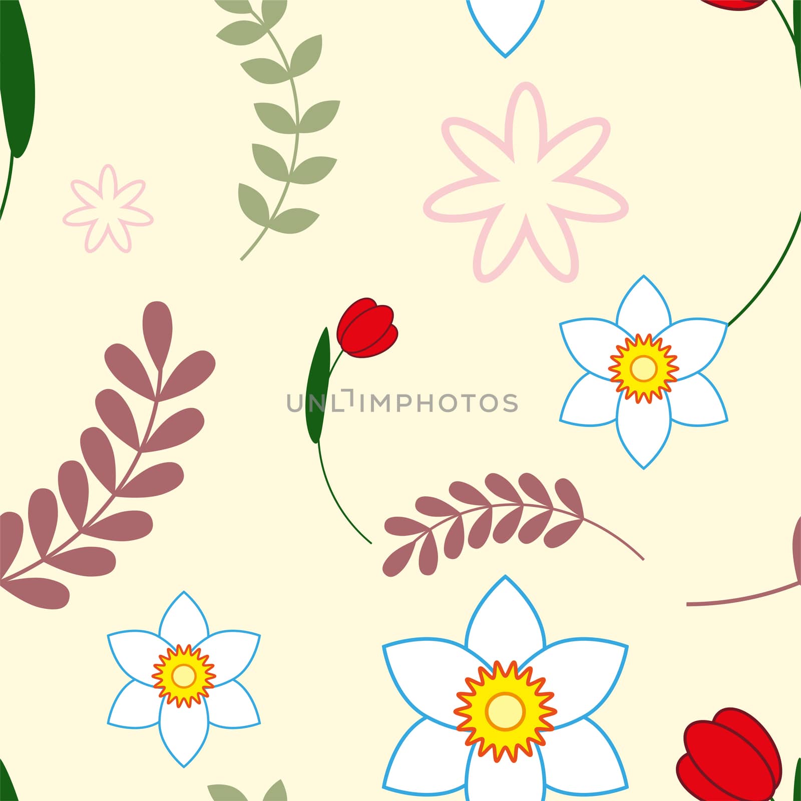 Colorful Floral Greeting card. International Happy Mothers Day with Bunch of Spring Flowers. Womens Day. Holiday background. Beautiful bouquet. Trendy Design Template. Seamless pattern. by Adamchuk