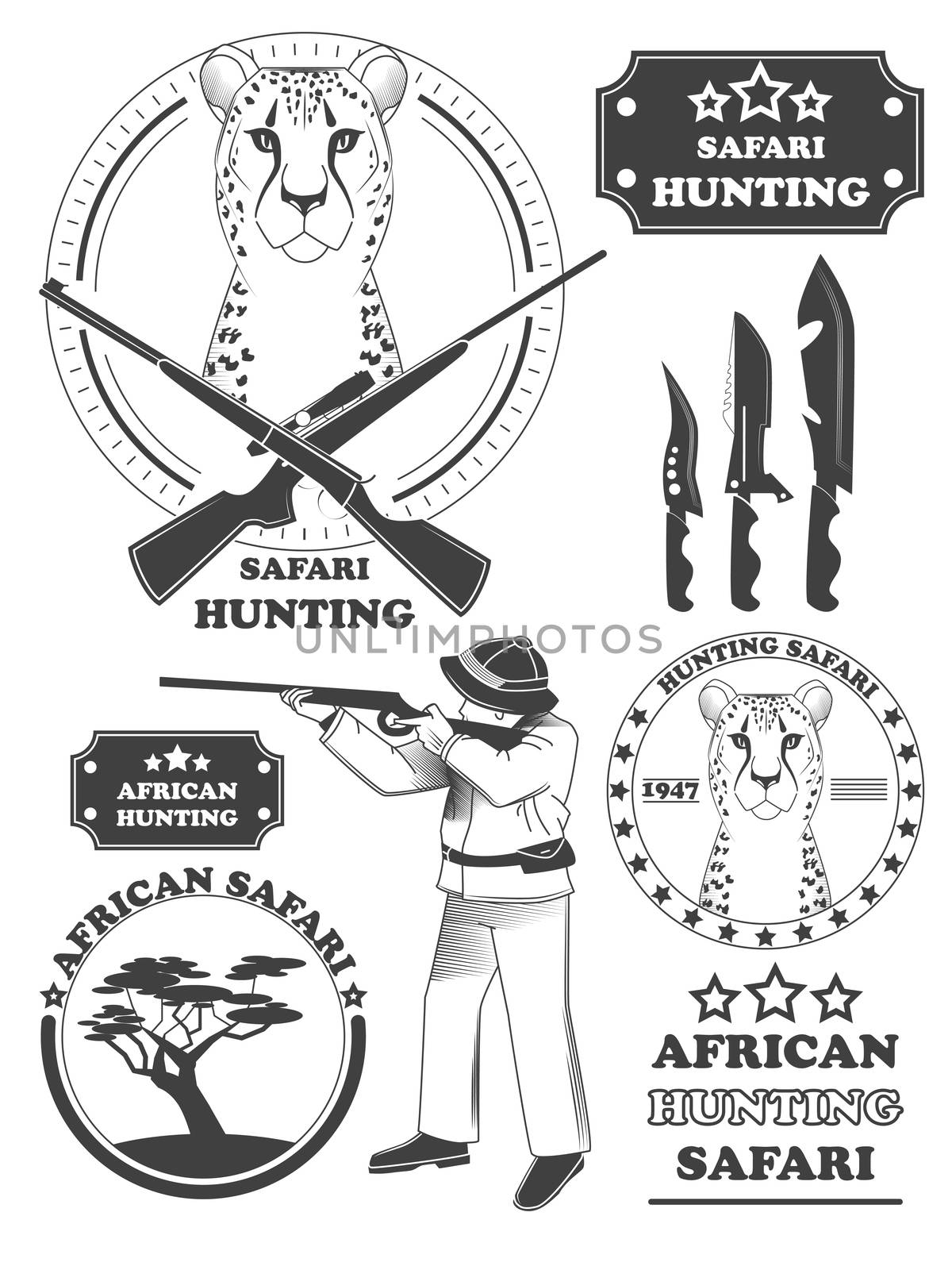 African hunter safari labels, leopard emblems and design elements. illustration