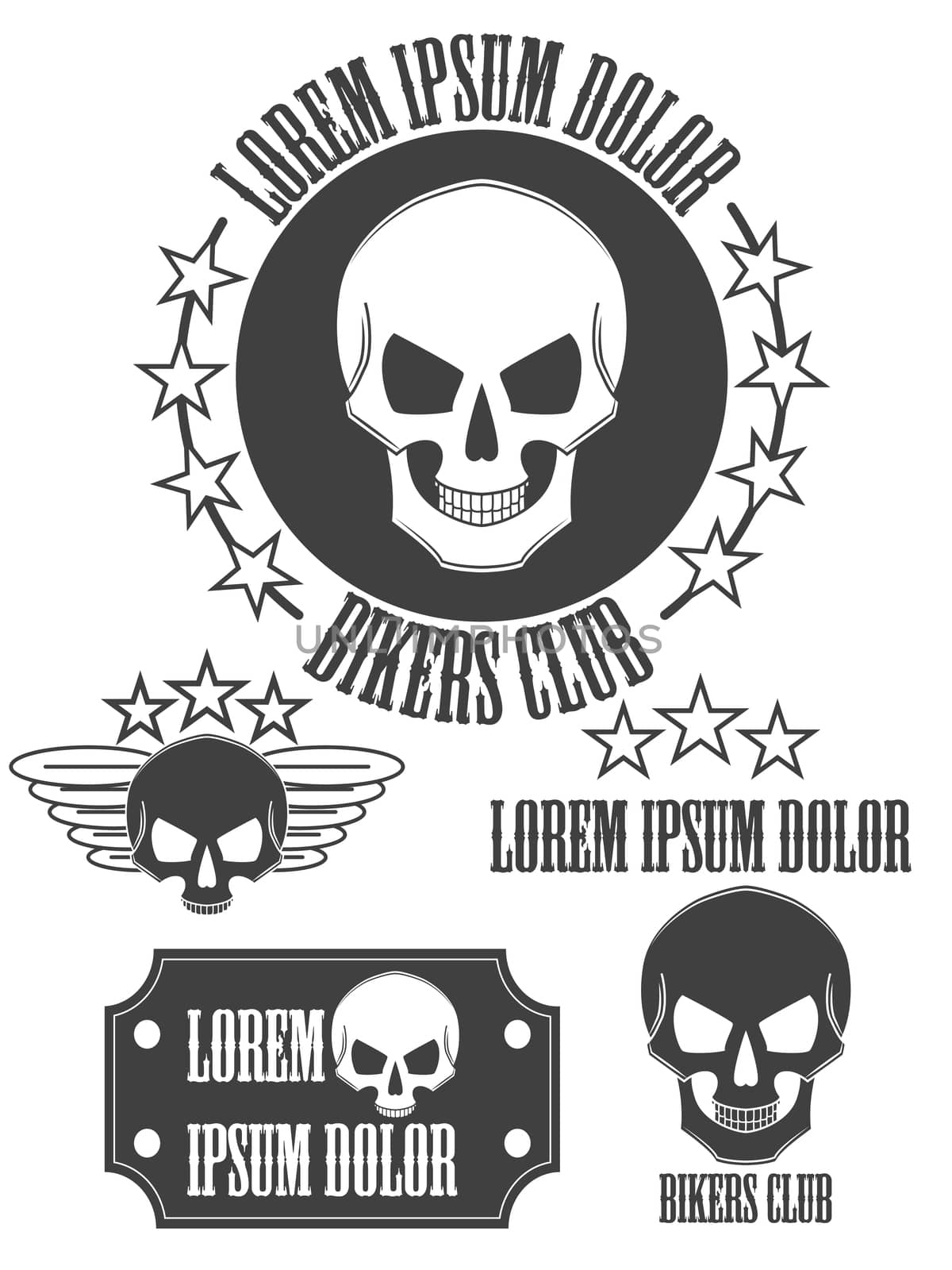 Set of vintage skull labels, badges and design elements. illustration