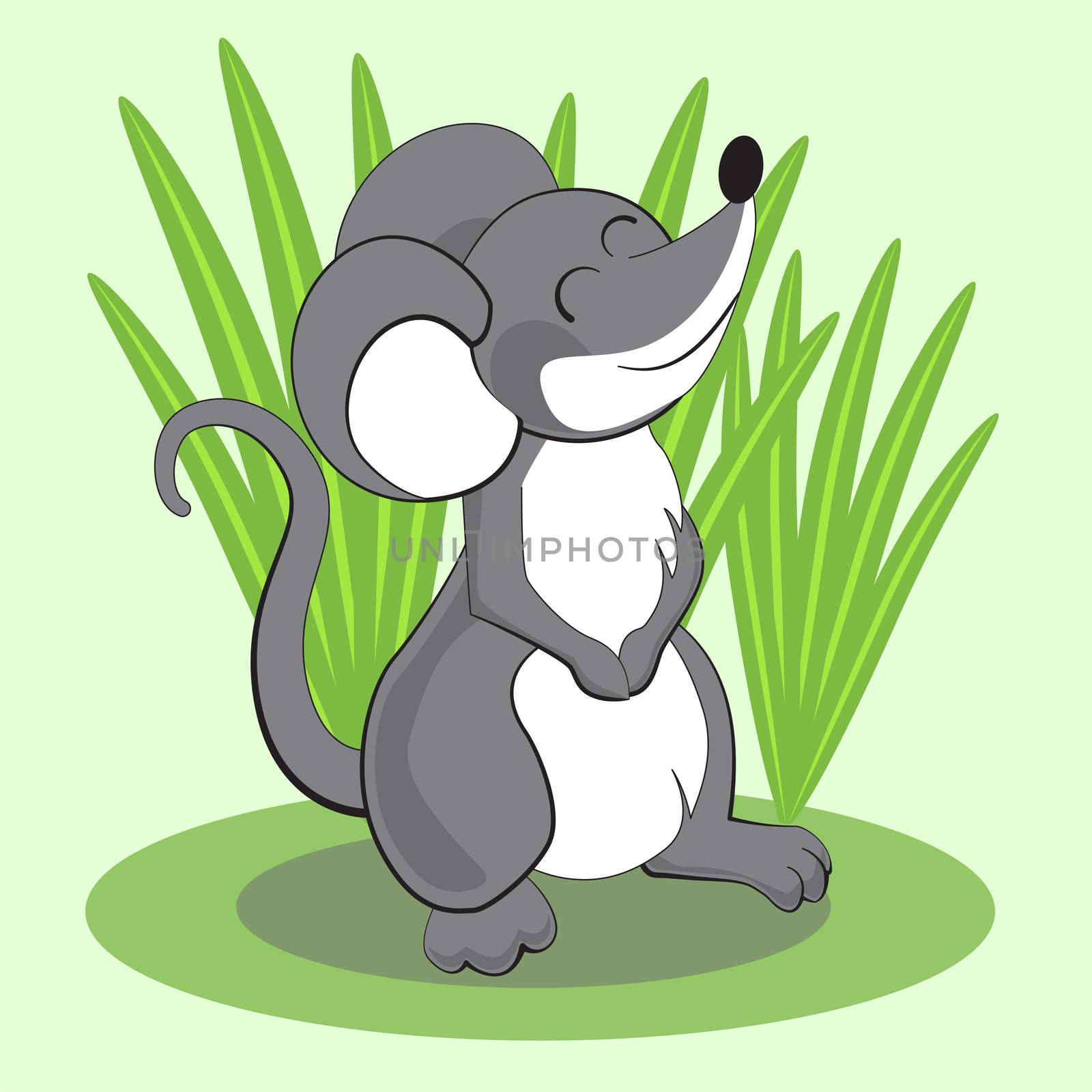 Beautiful cartoon mouse standing on grass and smiling. by Adamchuk
