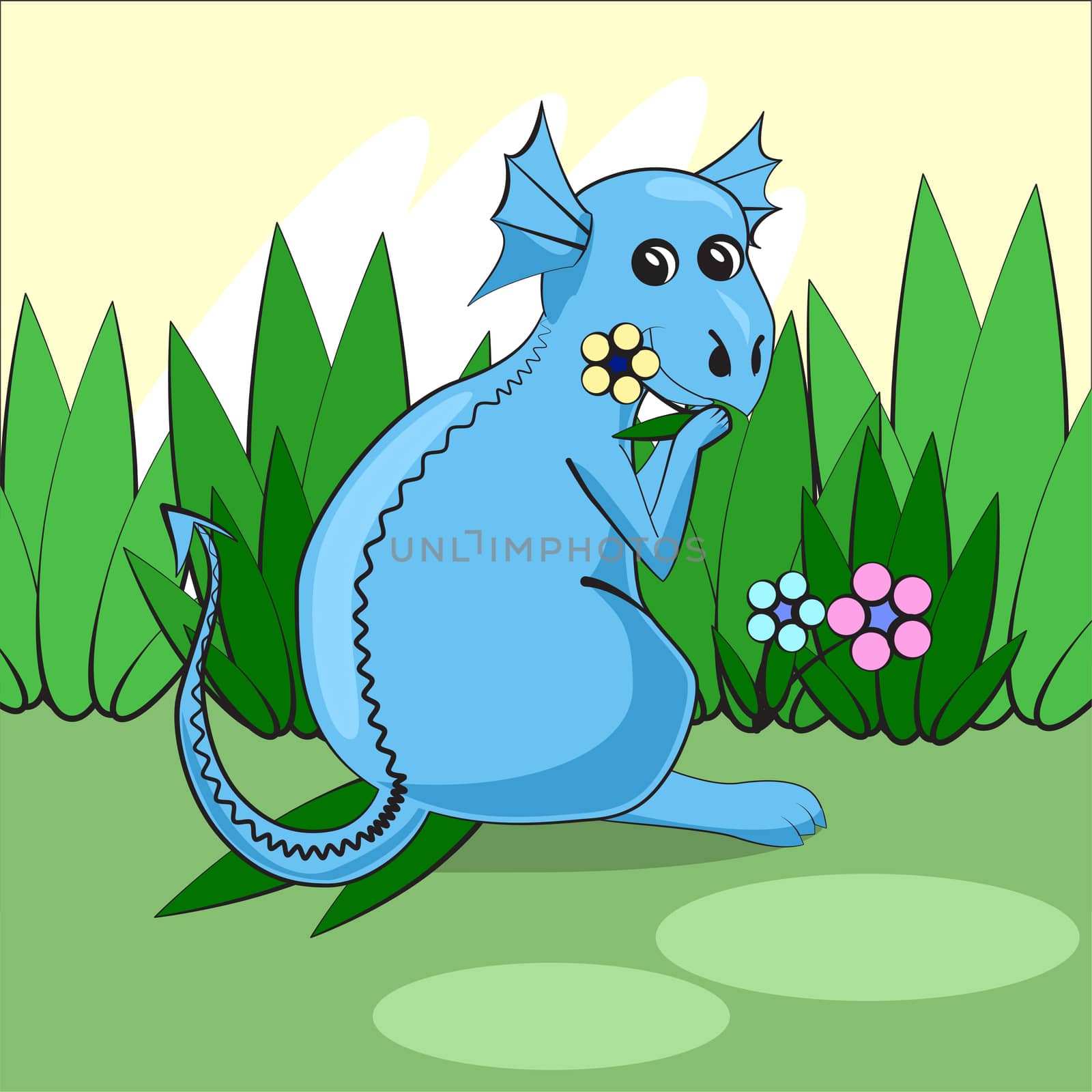 Cute dragon sitting on a green meadow with flowers and eats grass. by Adamchuk