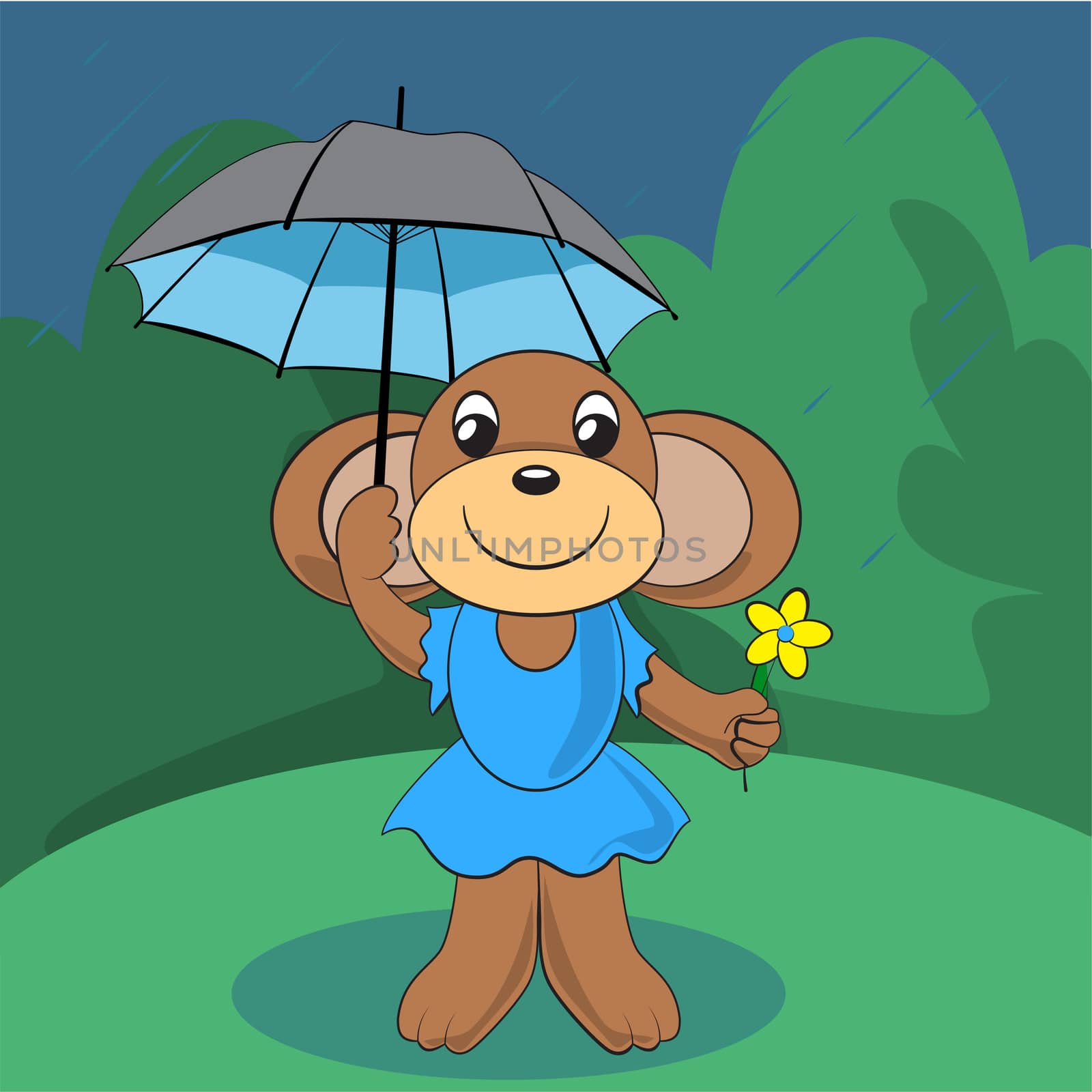 Cute monkey standing on green meadow with a flower and an umbrella in the rain. illustration