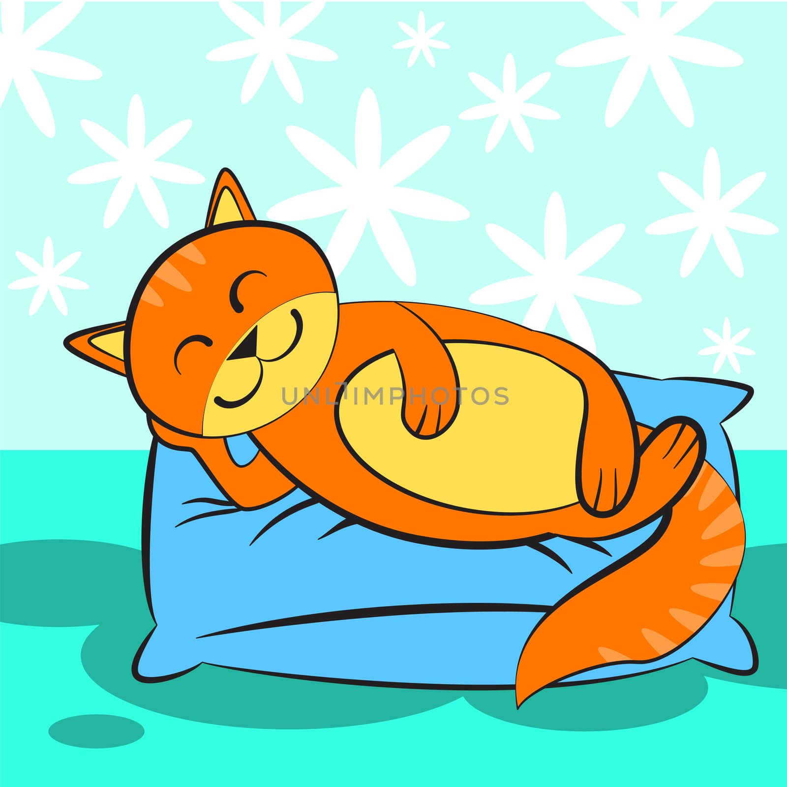 Cute orange cat sleeping on blue and a soft pillow. by Adamchuk