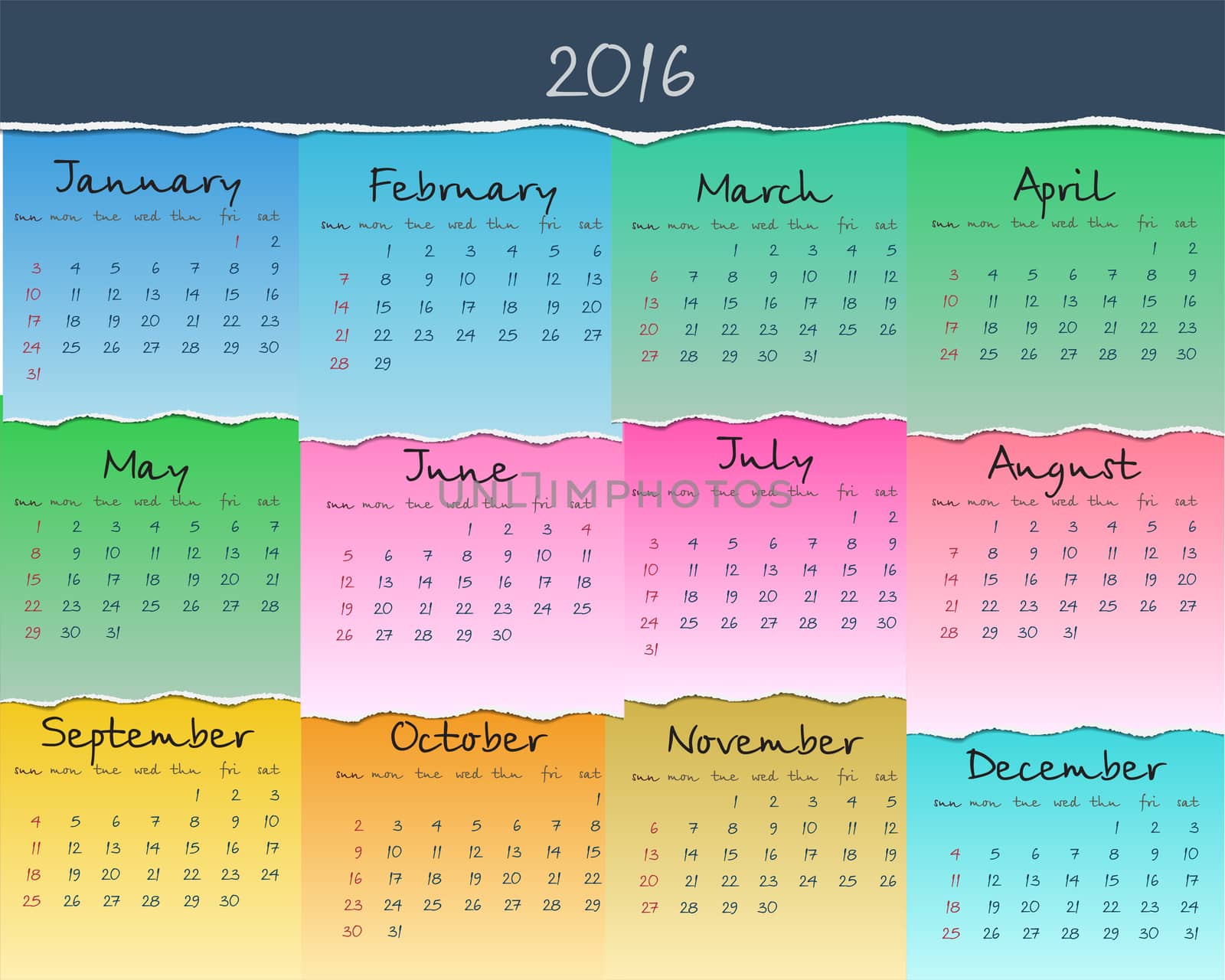 Simple colorful calendar for 2016. Week starts Sunday. by Adamchuk
