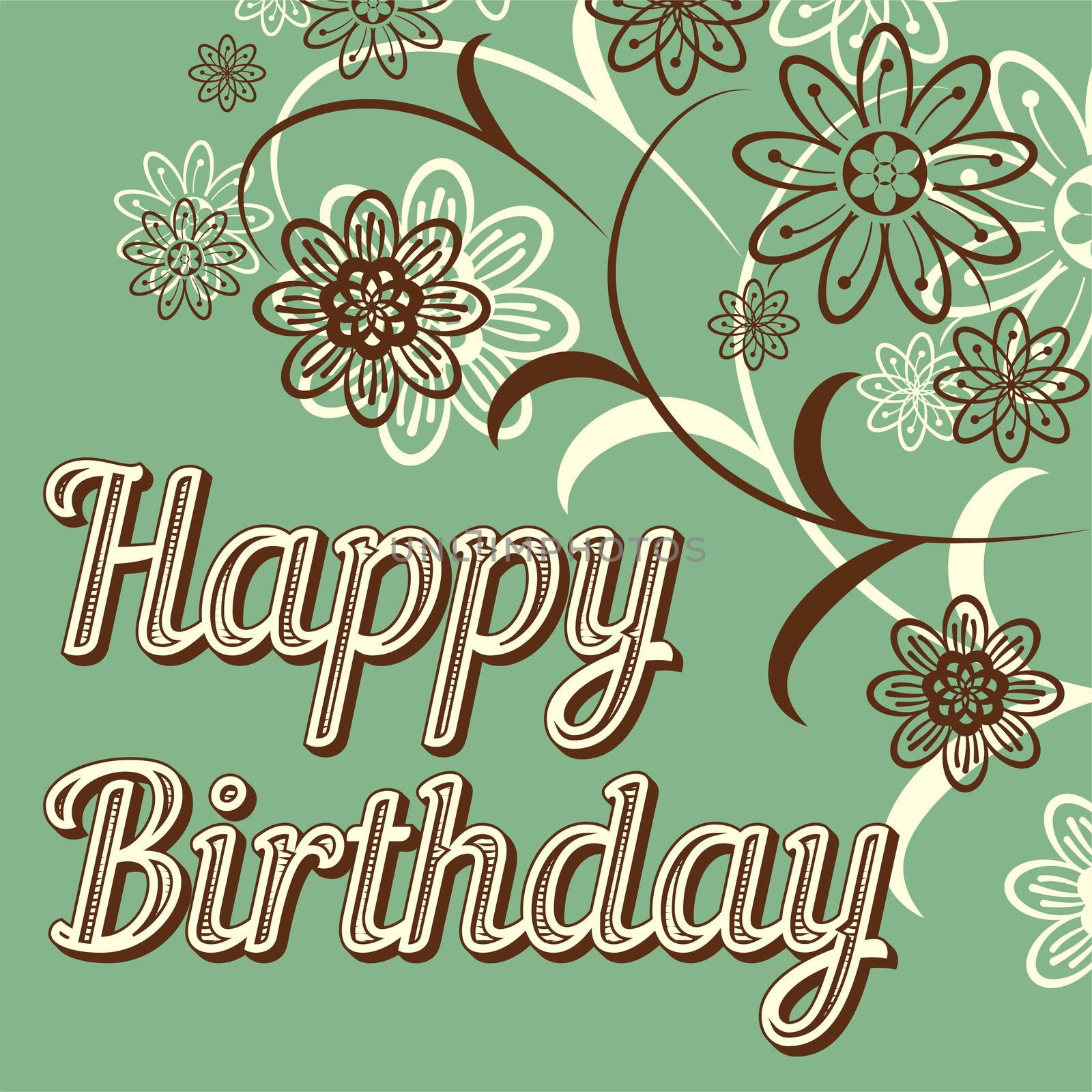 Vintage retro happy birthday card, with fonts, grunge frame and chevrons. Beautiful flowers. illustration