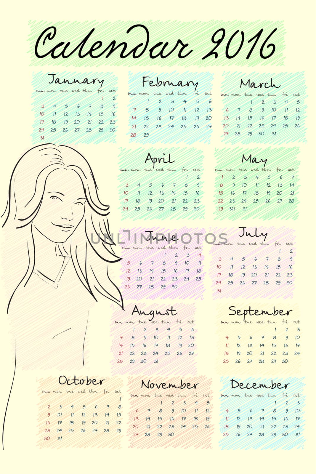 2016 calendar with cute girl. It can be used as greeting cards. Sketch drawing style. illustration