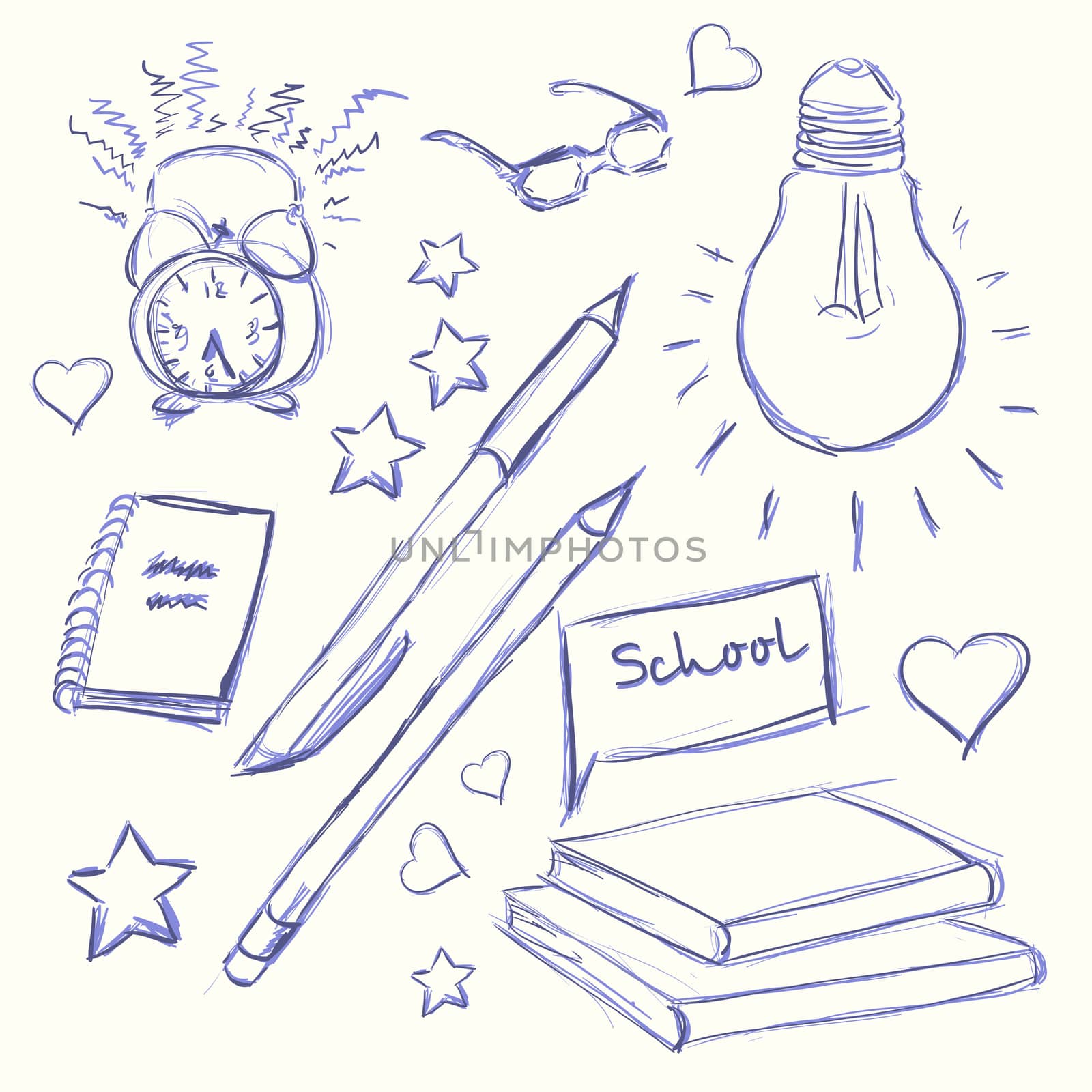 Hand drawn back to school. Alarm Clock, glasses light, diary, pencil, book heart star. illustration
