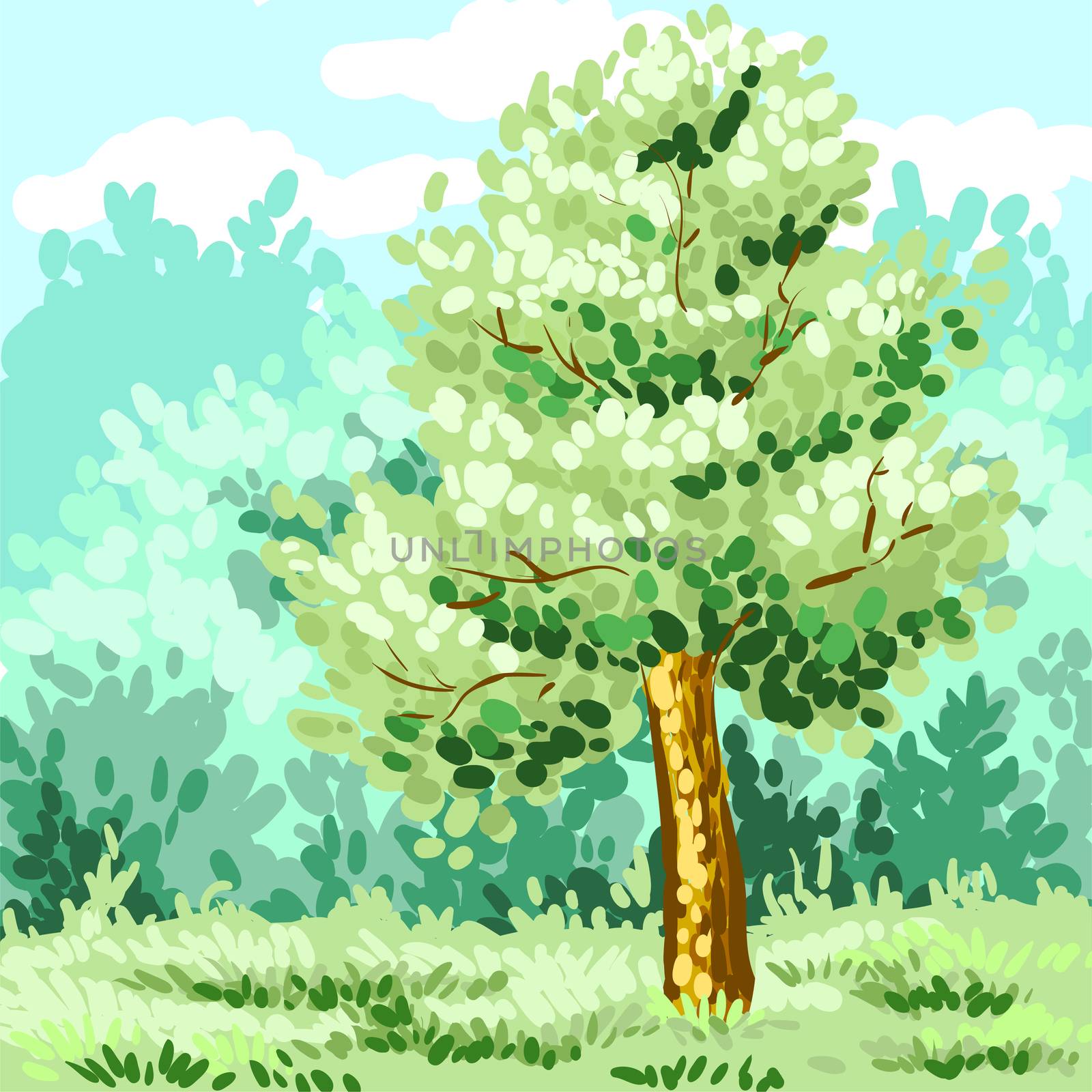 Lonely green tree. Corporate identity is drawn by hand. illustration