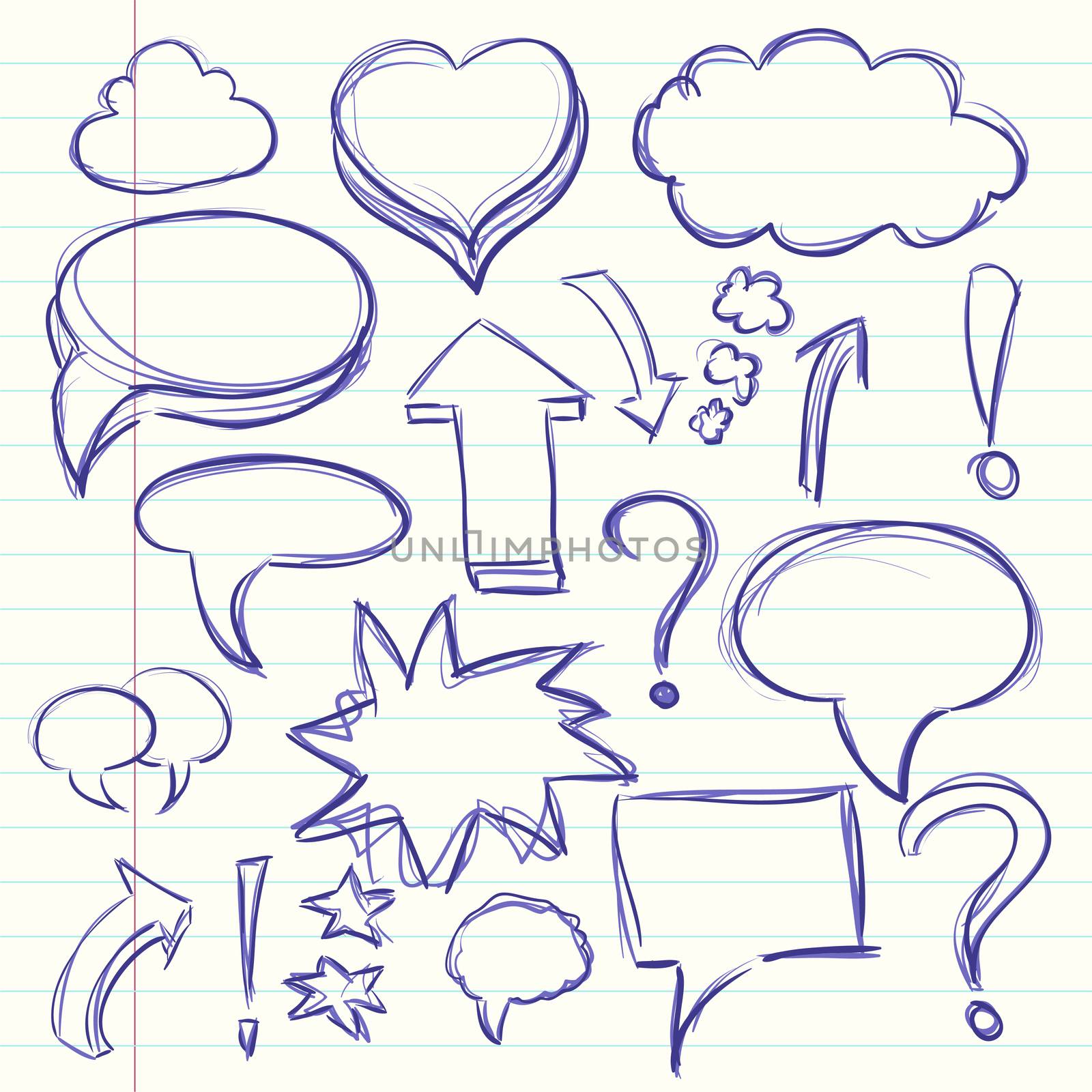 The cloud of thoughts conversation in the comics, exclamation and question marks. Collection sketch drawing. by Adamchuk