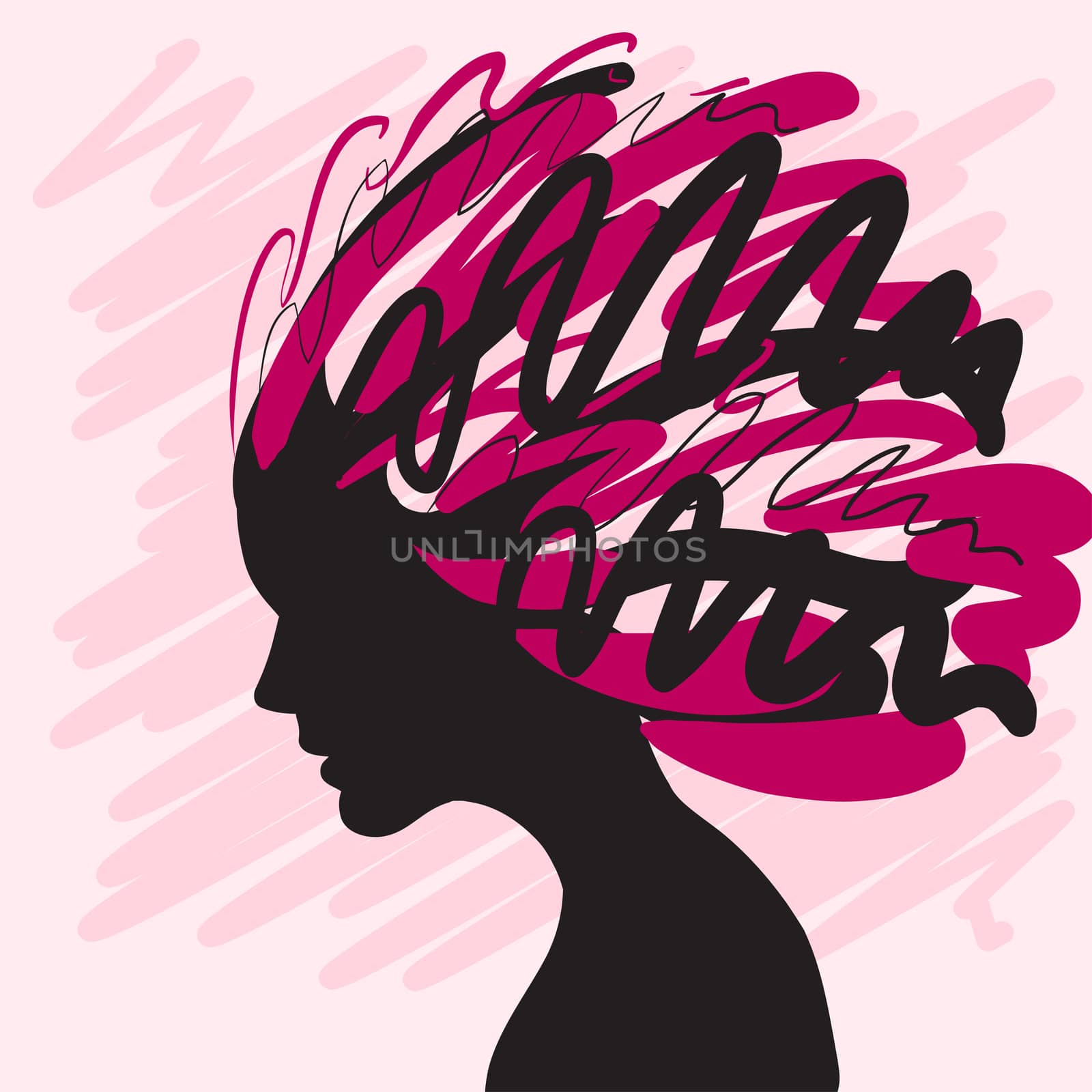 Decorative composition of girl silhouette with abstract hairstyle. hand-drawn. Individual corporate identity. It can be used as a postcard. by Adamchuk