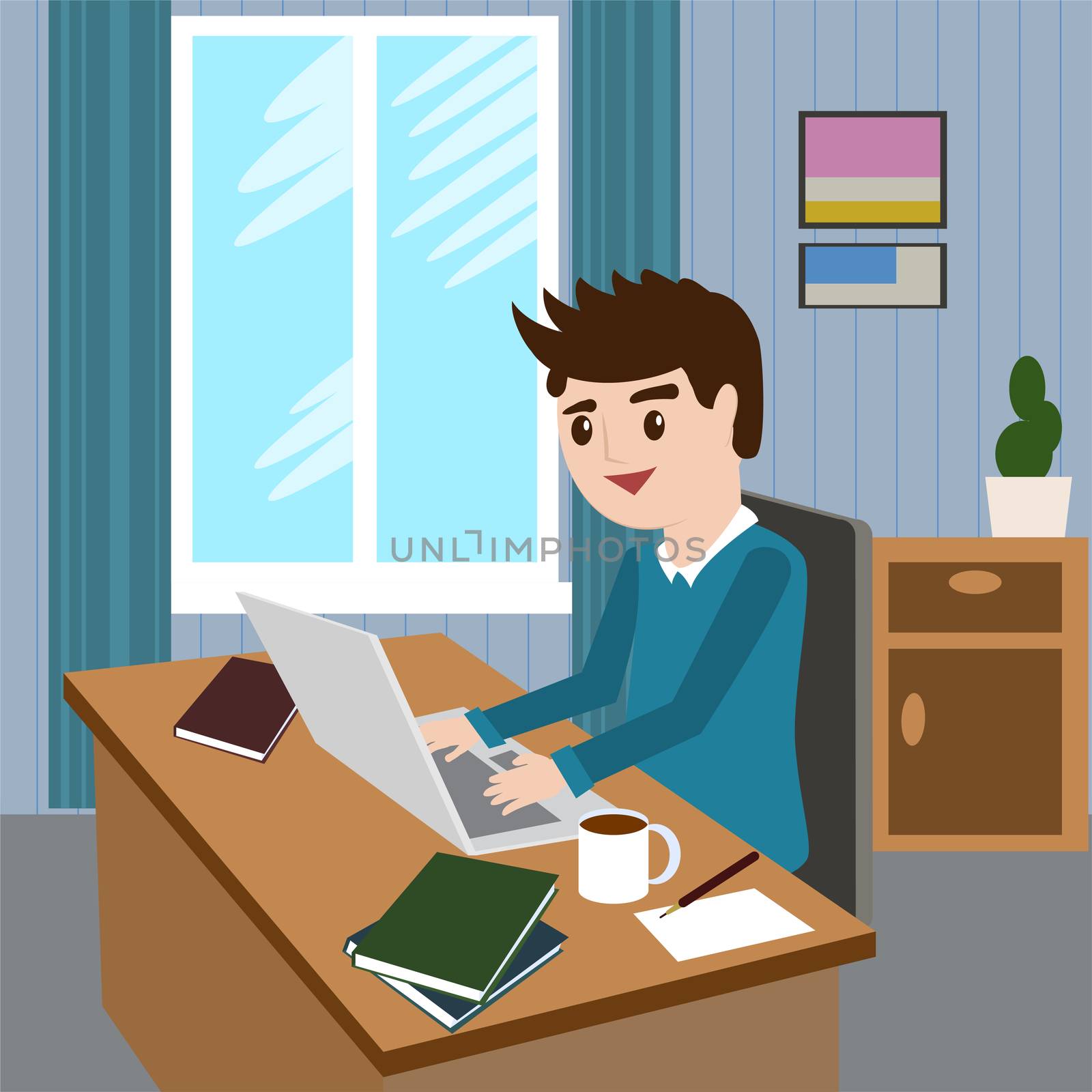 Flat design modern illustration lifestyle concept of handsome man in casual T-shirt sitting at the desk and working on laptop in the office. Isolated on stylish colored background. by Adamchuk
