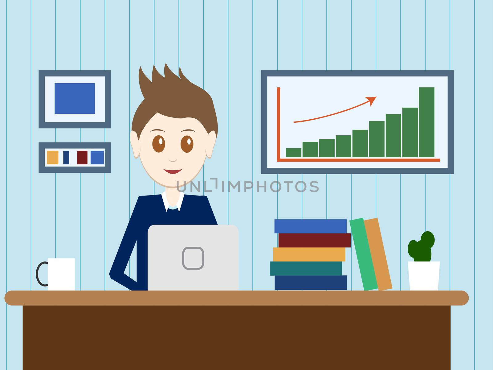Flat design modern lifestyle concept of handsome man in casual T-shirt sitting at the desk and working on laptop in the office. Isolated on stylish background. illustration