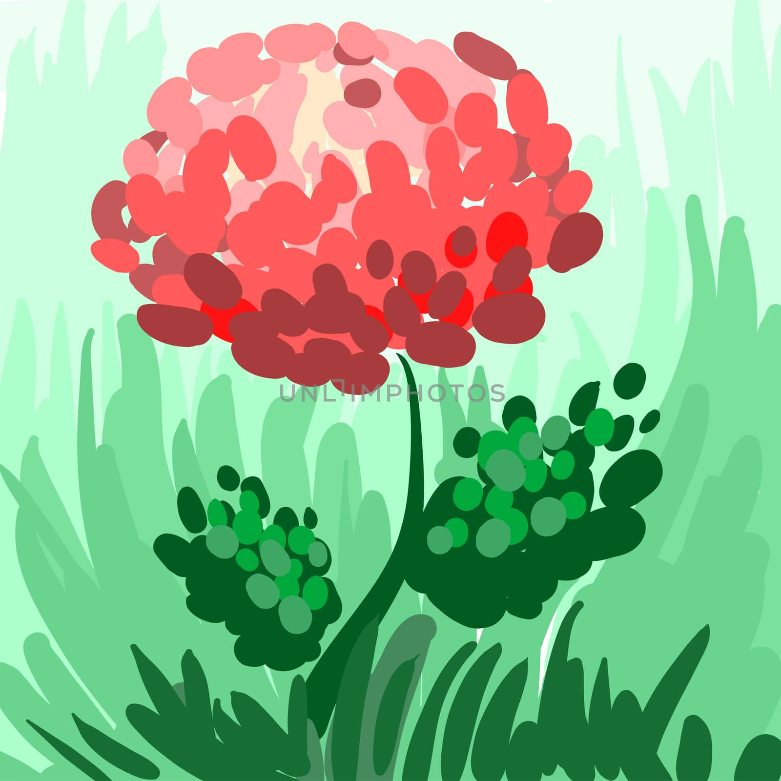Red stylized peony on green background for your design. Hand-drawn. by Adamchuk