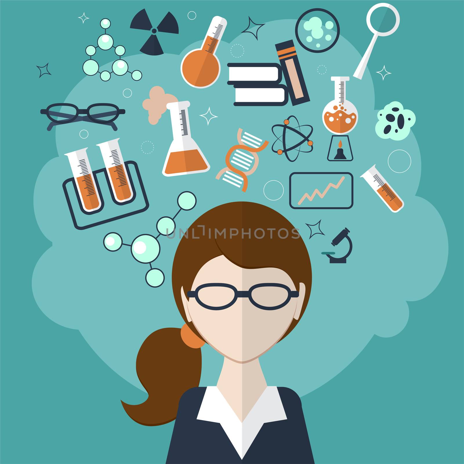 Woman with a cloud of thoughts about the test tube, formulas, materials and other objects on a green background. illustration