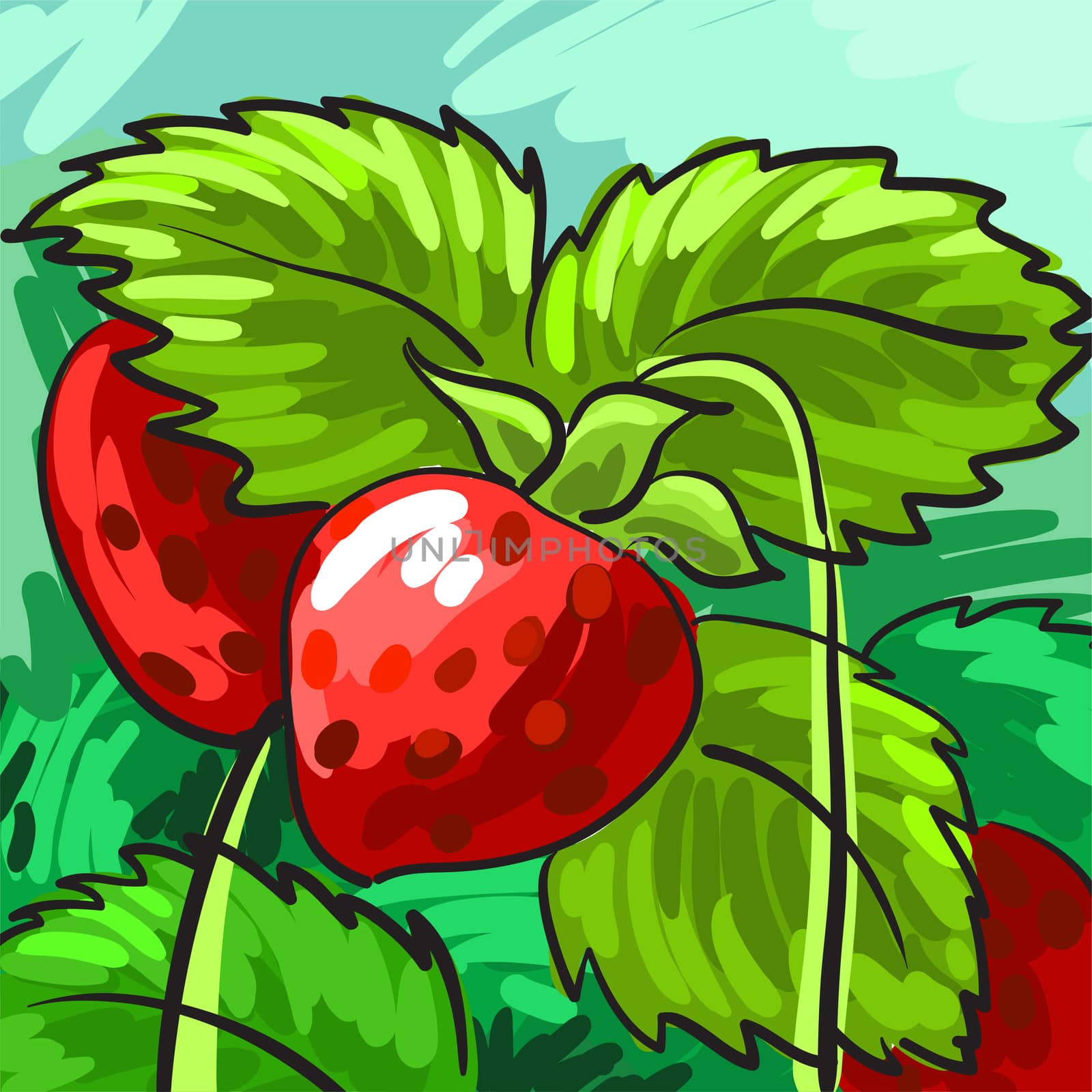 Ripe strawberries on a green background for your design. Card. illustration