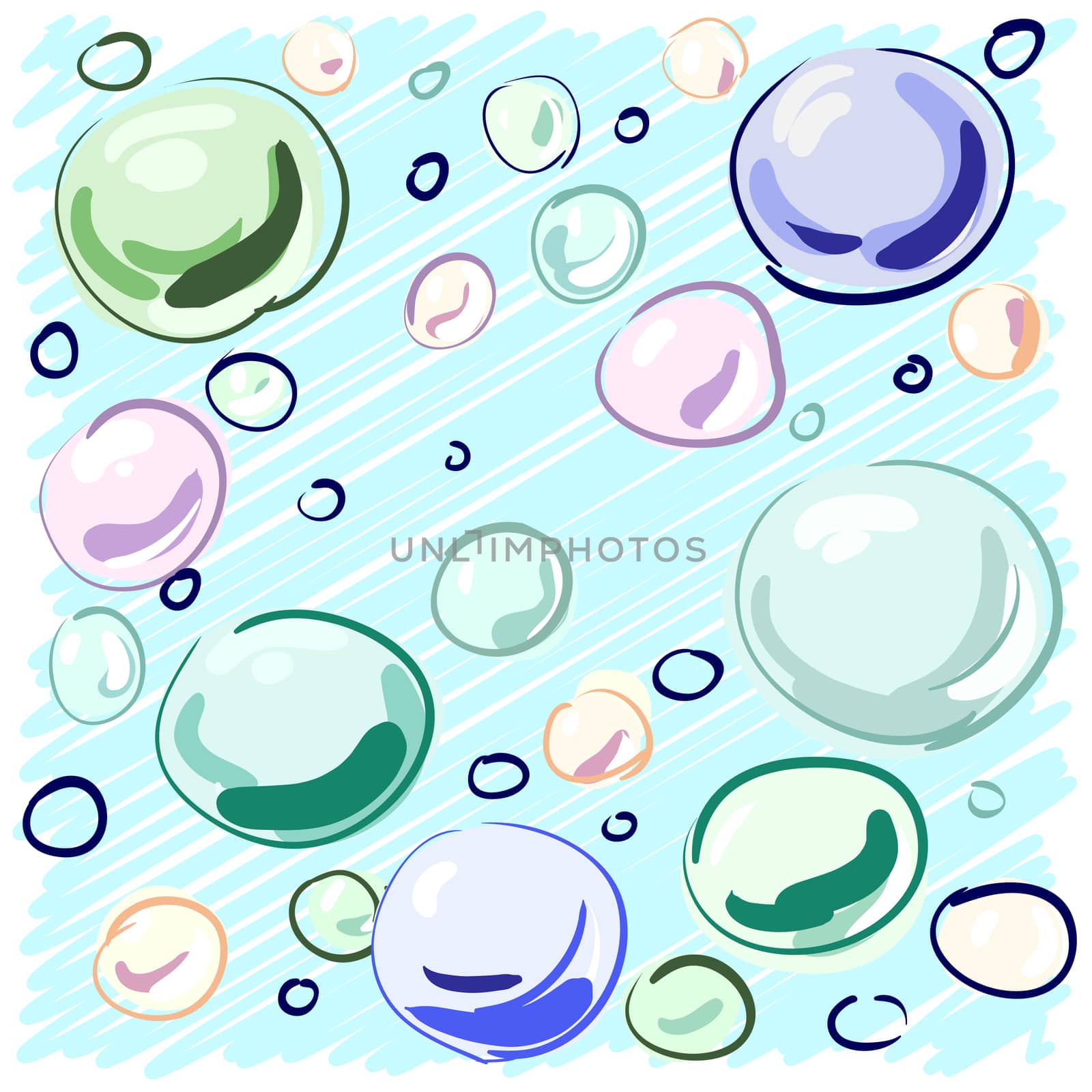 Colored soap bubbles hand-drawn on a blue background for your design. illustration