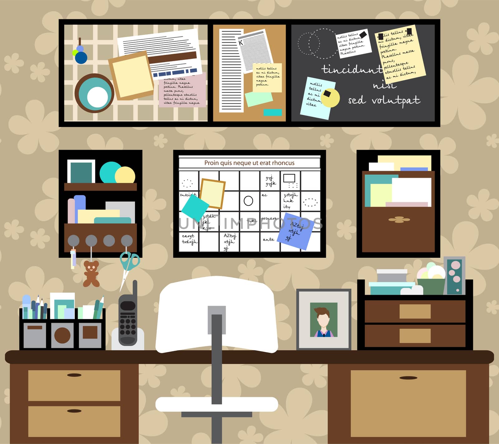 Working space with a desk, chair, planning boards and other items. illustration