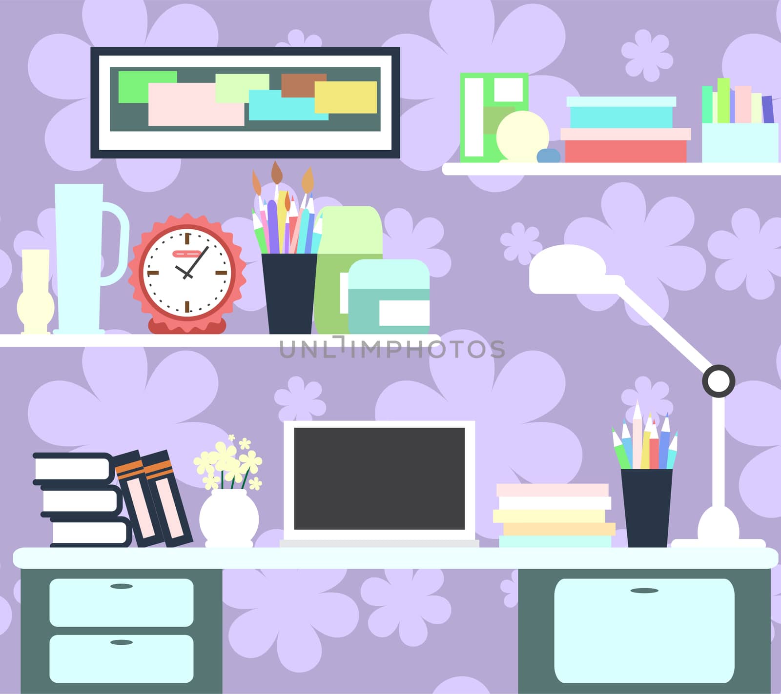 Workplace of the girl with the computer, lamp, books, watches and other items. illustration
