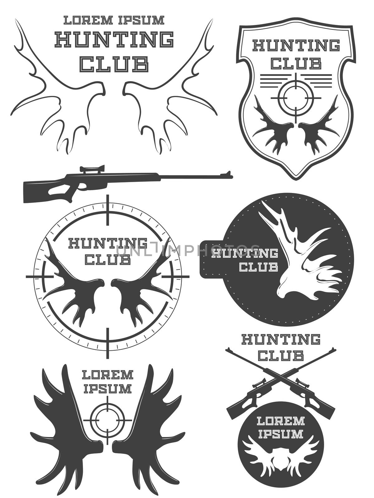 Set of vintage hunting logo, labels and badges. Deer Horn. Weapon. illustration