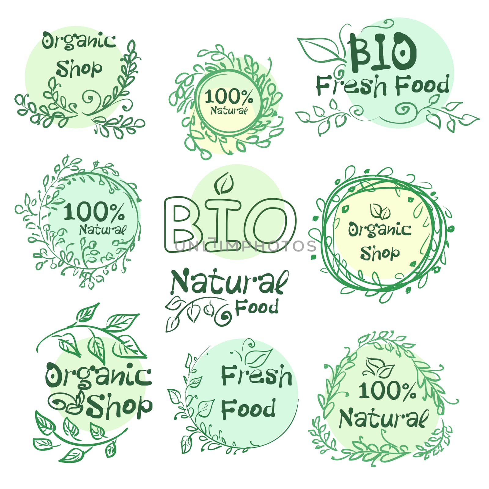Set of logotypes elements hand-drawn bio, organic, natural food for your design. by Adamchuk