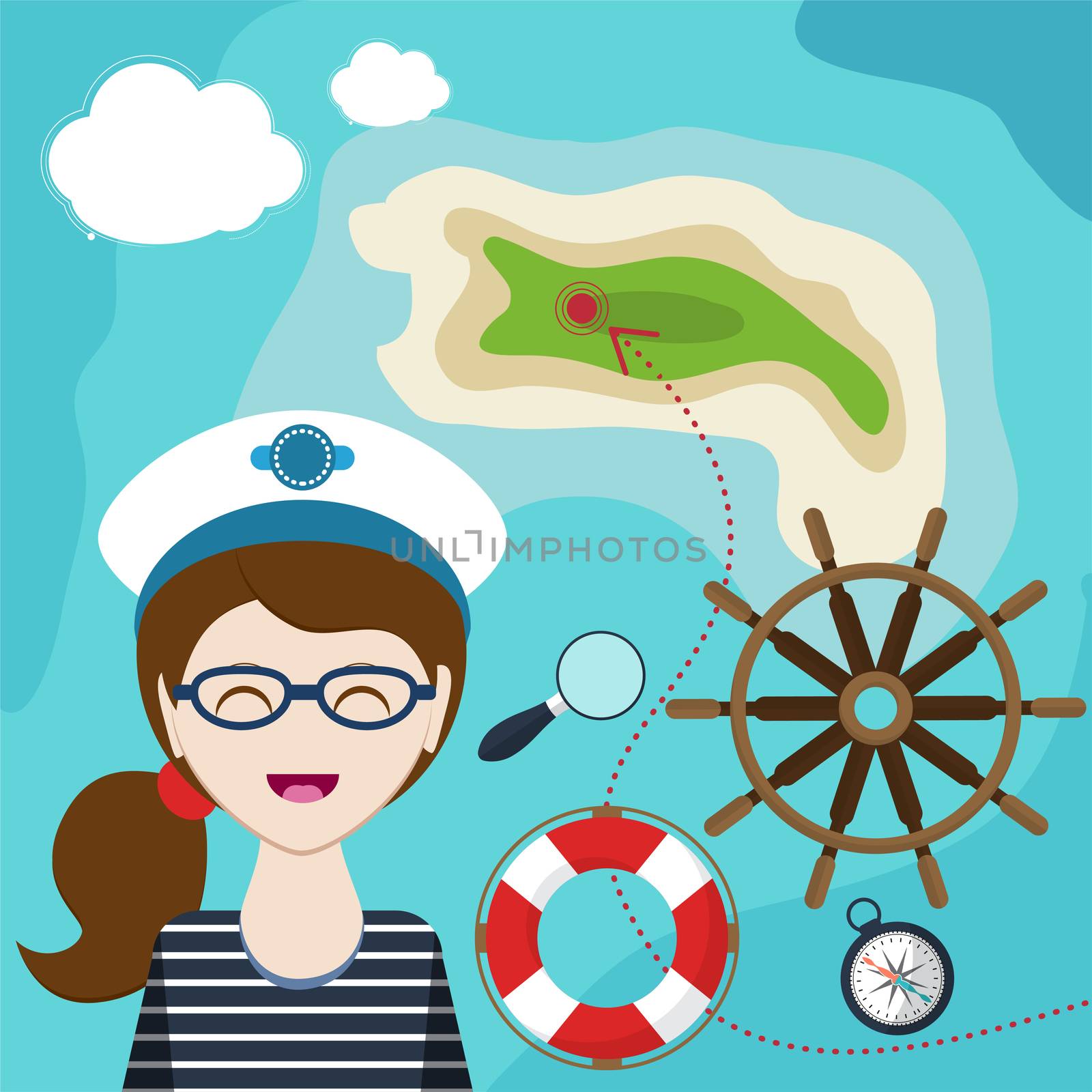map with a sailor, lifeline, steering wheel, compass and magnifier on background sea. Child Game. Help the girl- swim to shore. by Adamchuk