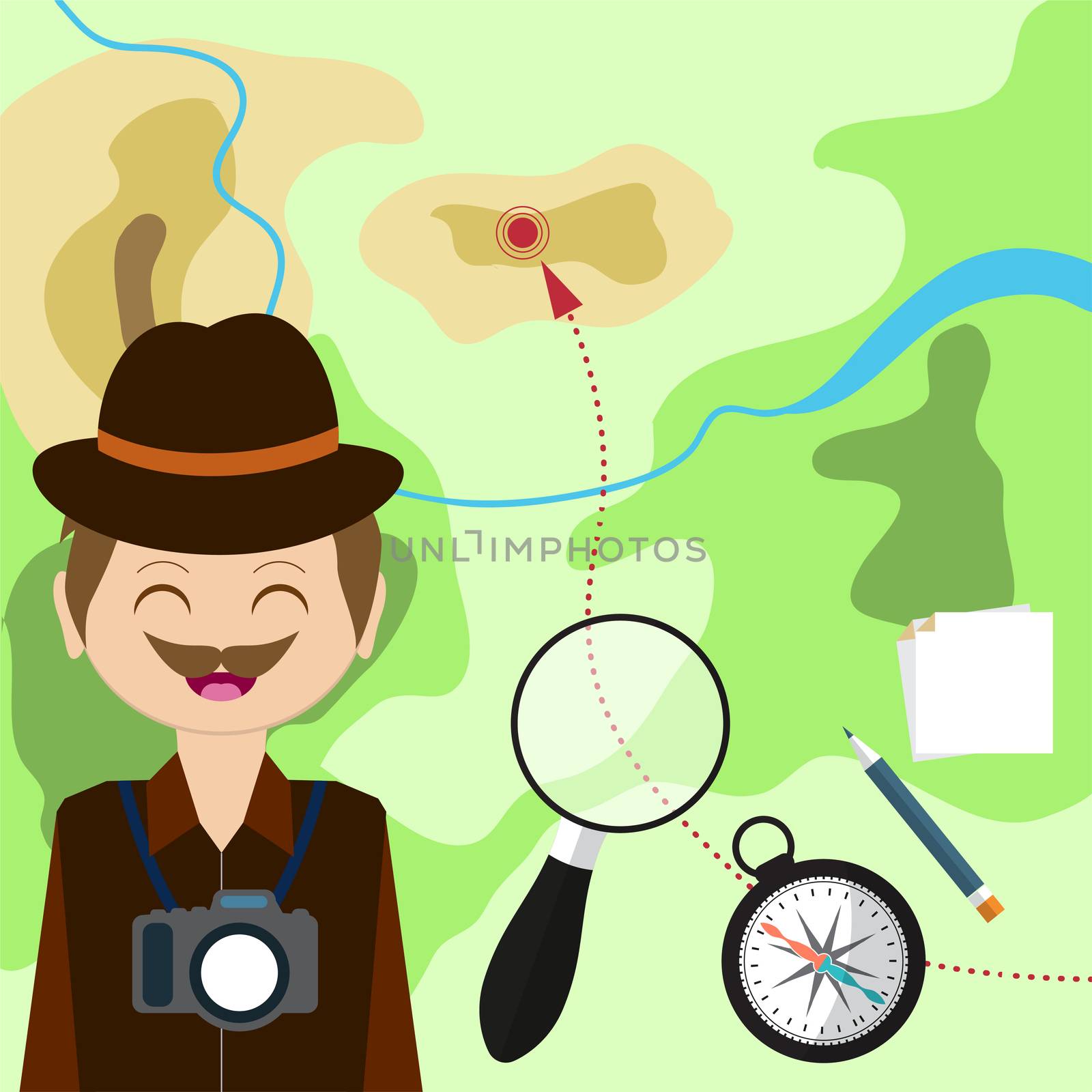 map with tourist, compass, magnifying glass and map. Child Game. Help the player to get here before the place. illustration