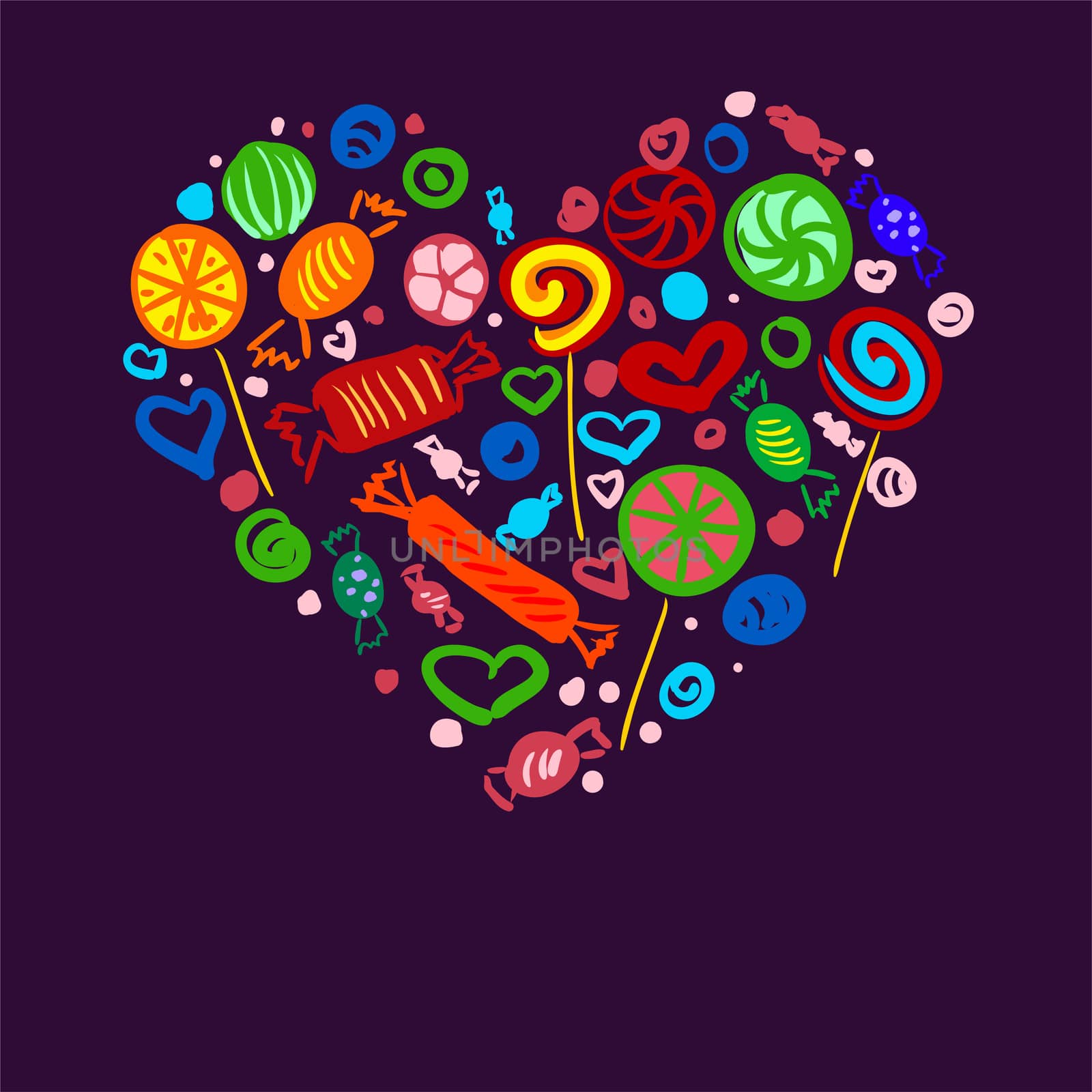 Set of bright candies in the form of heart for your advertising. illustration